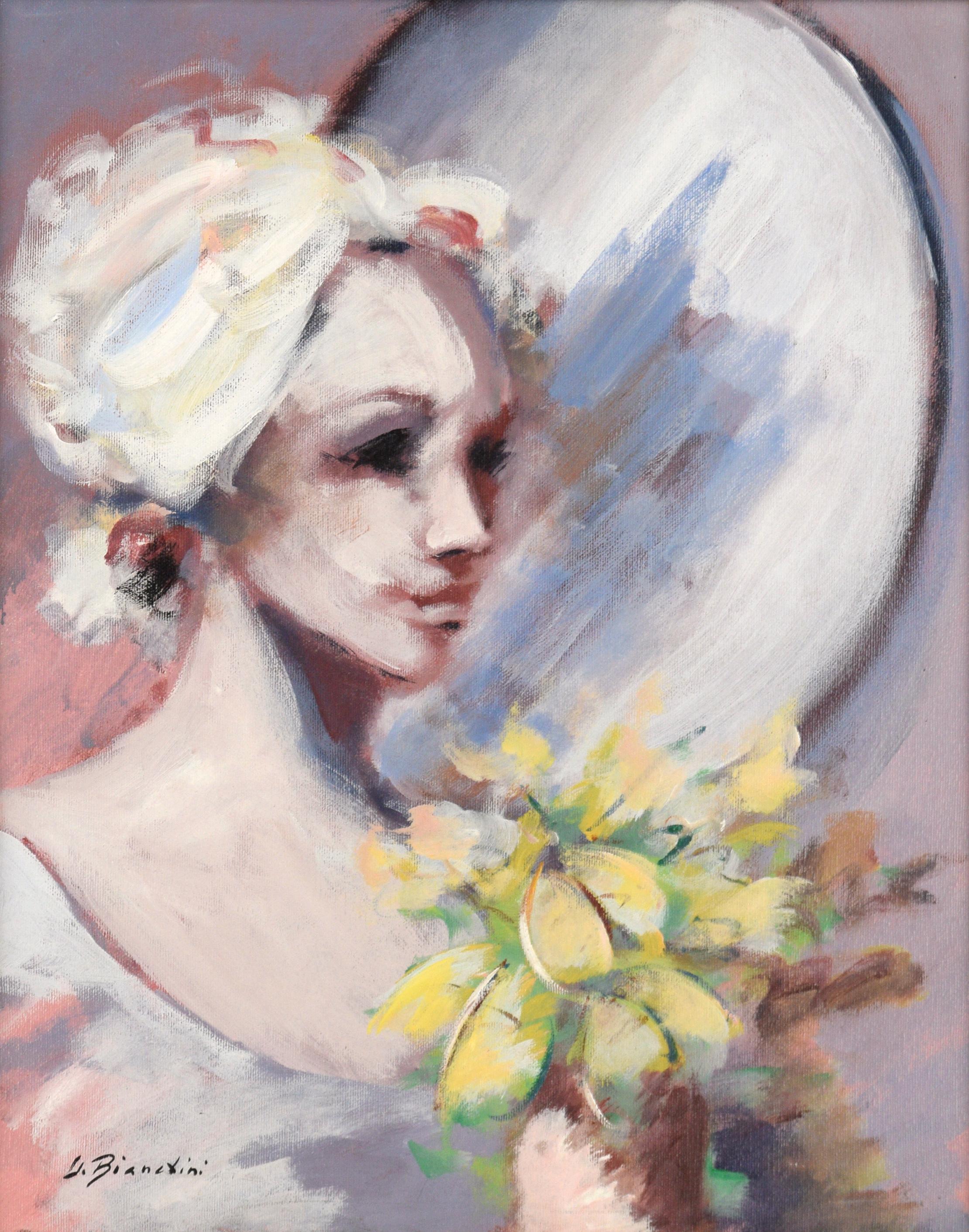 Woman with a Bouquet by the Mirror - Painting by Umberto Bianchini
