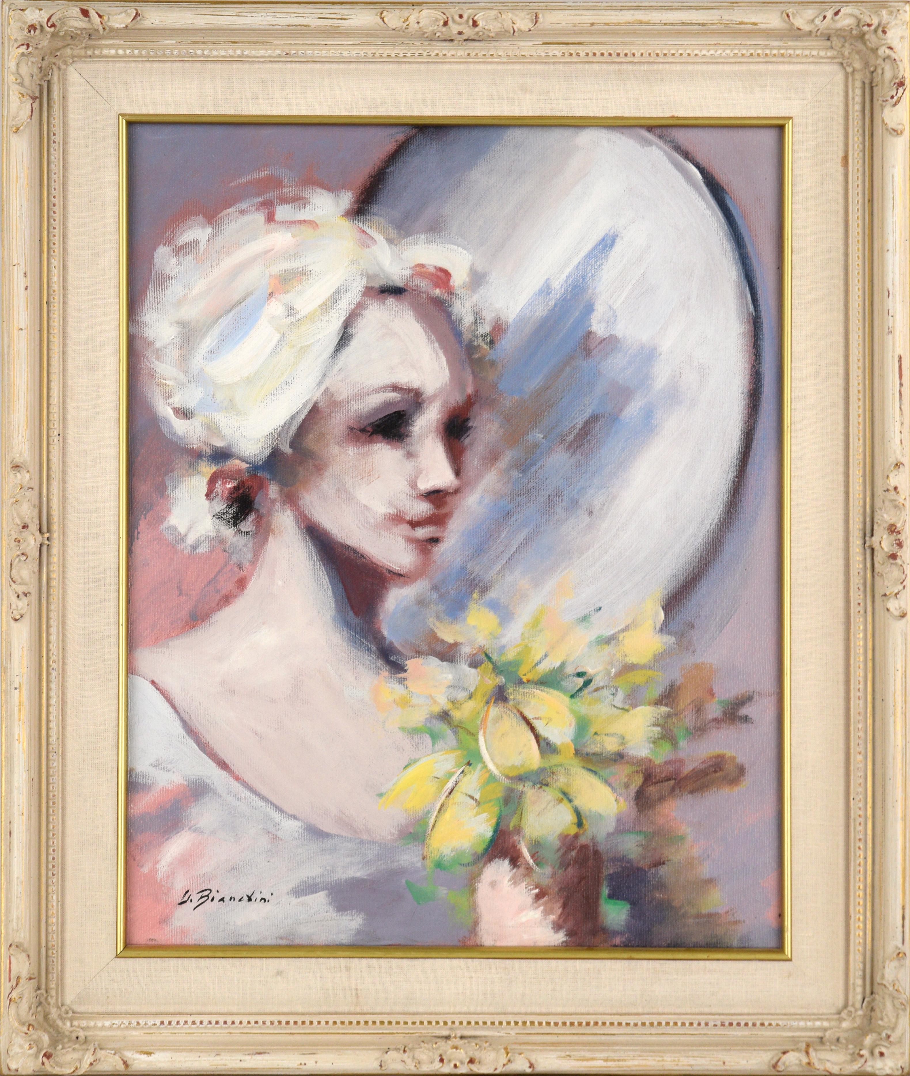 Umberto Bianchini Portrait Painting - Woman with a Bouquet by the Mirror