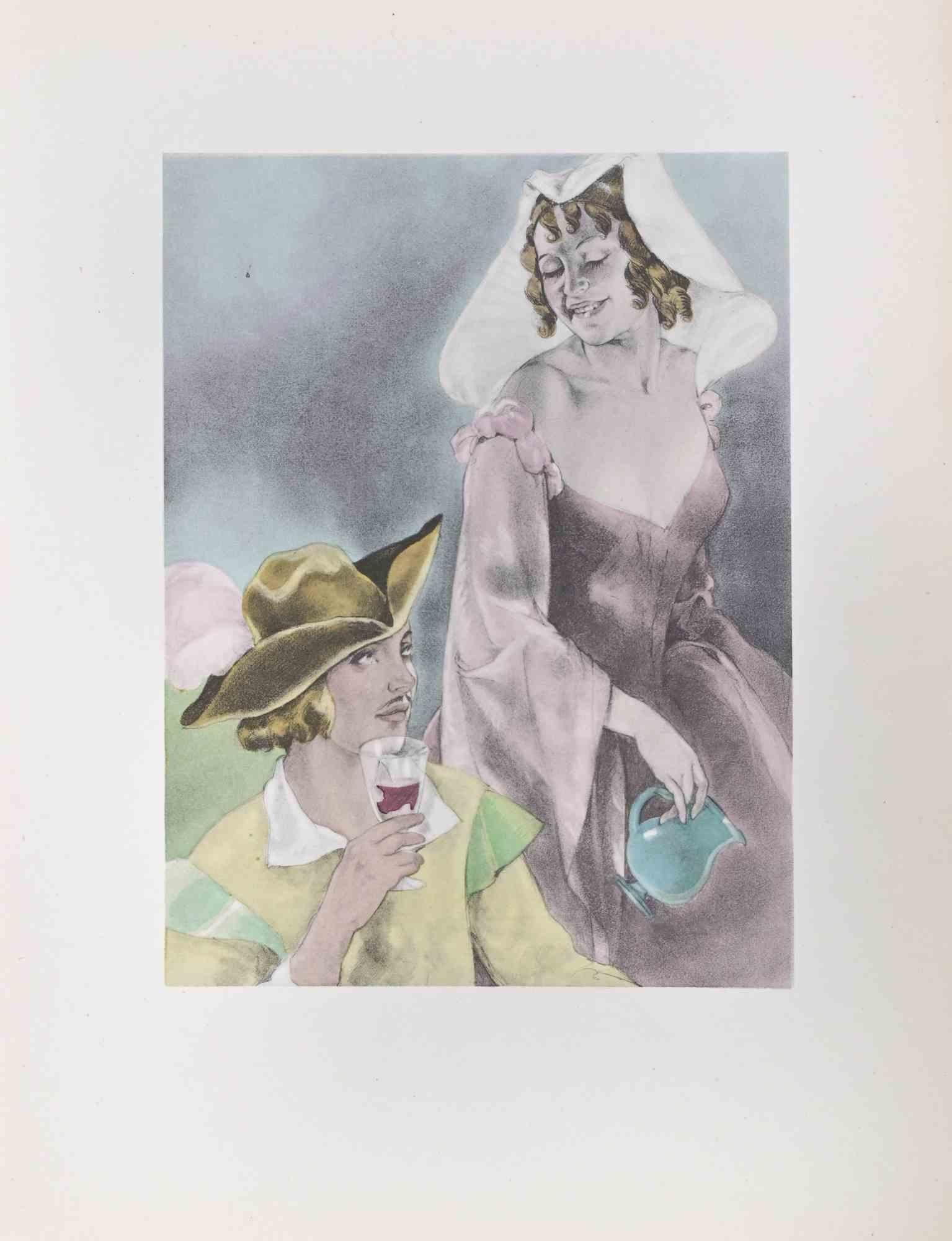 Bacchus' Tavern is a color lithograph on ivory paper, created by the Italian artist Umberto Brunelleschi (Montemurlo 1879- Paris 1949).

Illustration for “Tales and Short Stories” by La Fontaine (Gilbert Jeune, Librairie D'Amateurs 1937-38, Paris); 