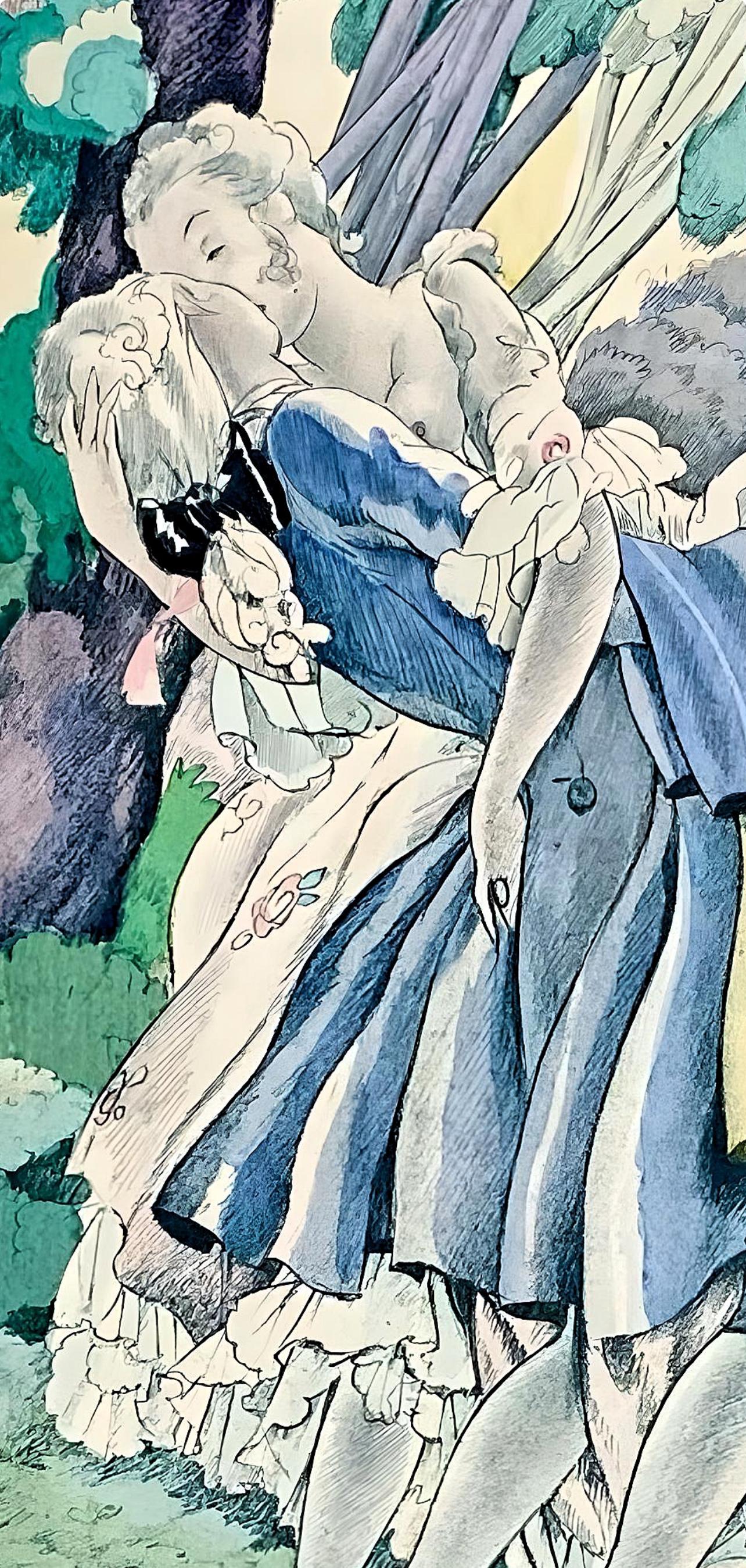 Brunelleschi, Composition, La Leçon d'amour dans un parc (d'après) - Gris Nude Print par Umberto Brunelleschi