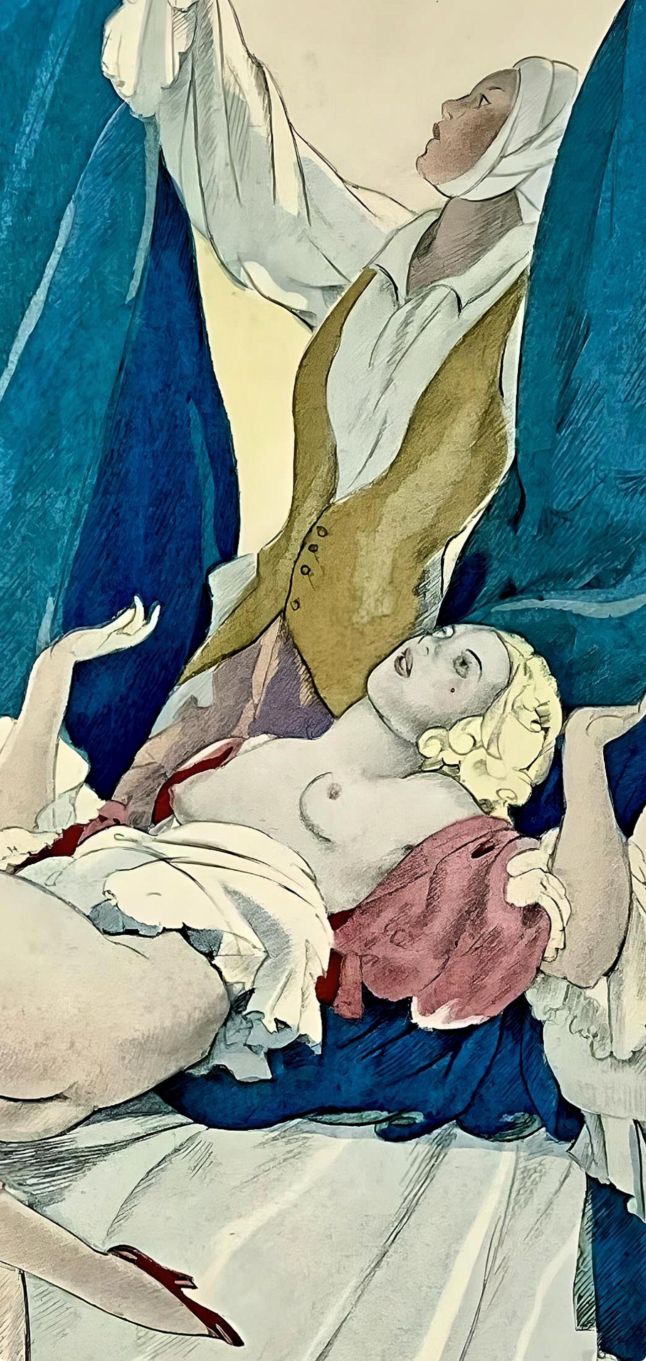 Brunelleschi, Composition, La Leçon d'amour dans un parc (after) - Blue Landscape Print by Umberto Brunelleschi