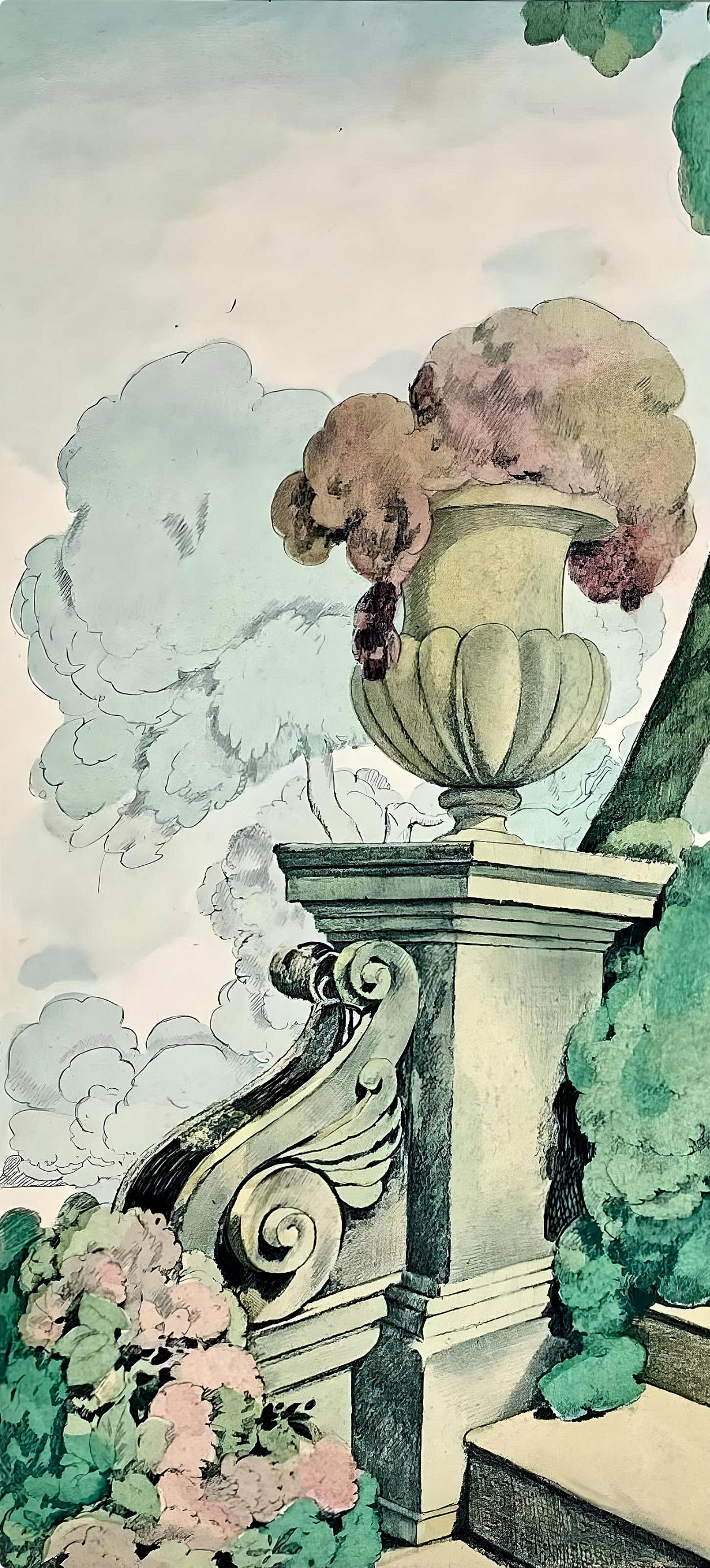 Brunelleschi, Composition, La Leçon d'amour dans un parc (after) - Gray Animal Print by Umberto Brunelleschi