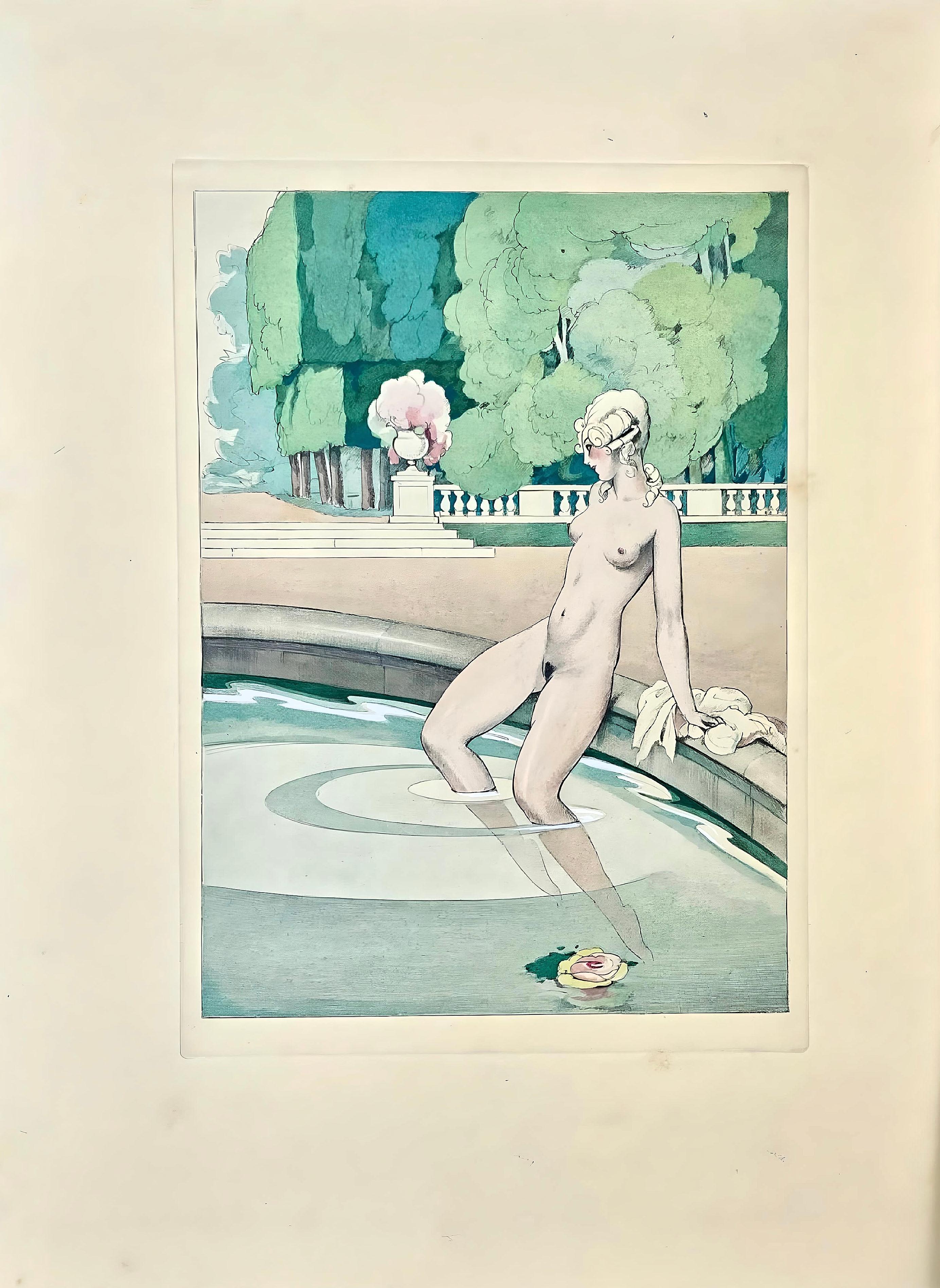 Lithographie et pochoir sur papier vélin d'Arches. Non signé et non numéroté, tel que publié. Bon état. Notes : Extrait du volume La Leçon d'amour dans un parc, 1933. Publié par les Éditions Albin Michel, Paris ; imprimé par les Ateliers de Jacomet,