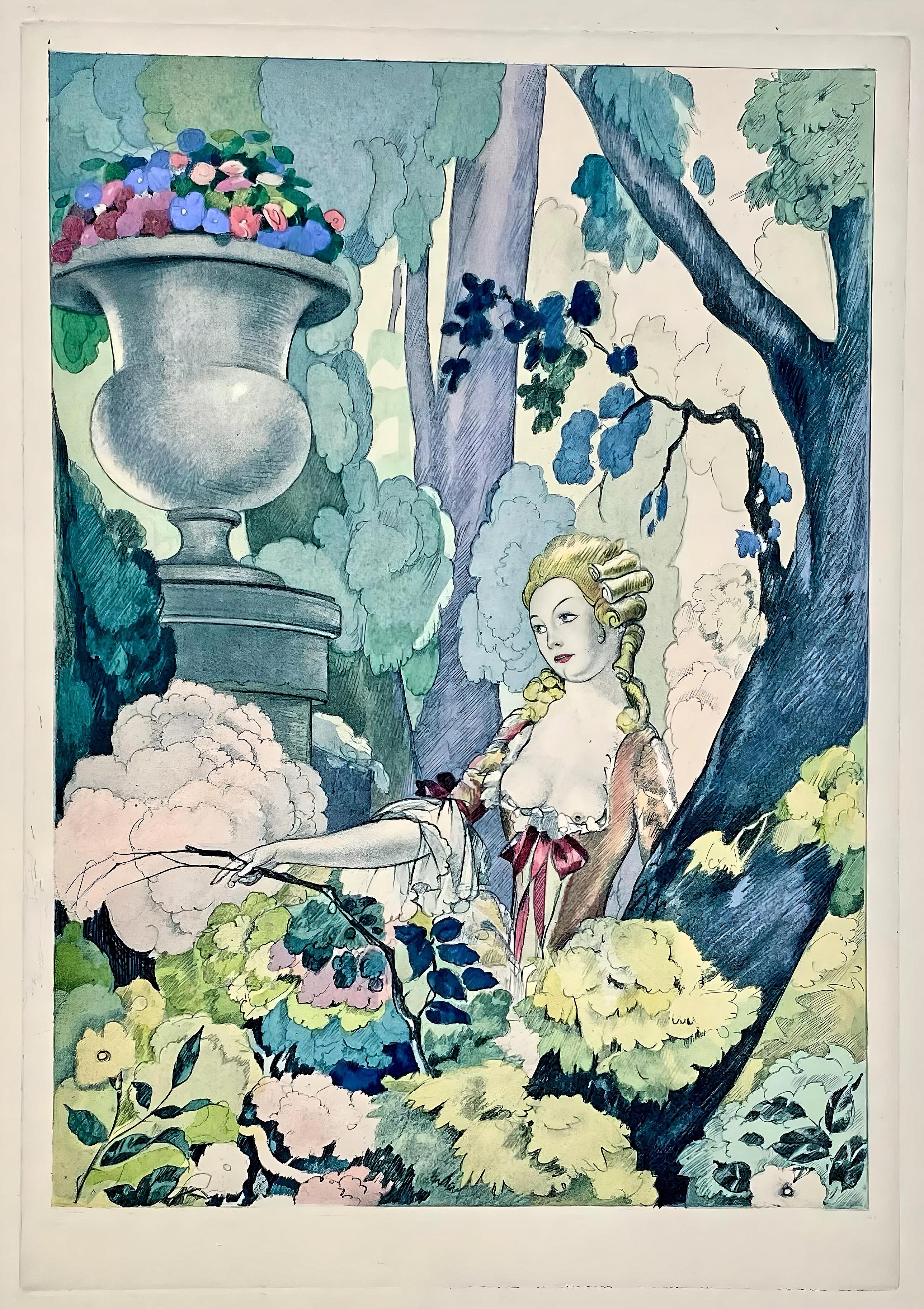 Lithographie et pochoir sur papier vélin d'Arches. Non signé et non numéroté, tel que publié. Bon état. Notes : Extrait du volume La Leçon d'amour dans un parc, 1933. Publié par les Éditions Albin Michel, Paris ; imprimé par les Ateliers de Jacomet,