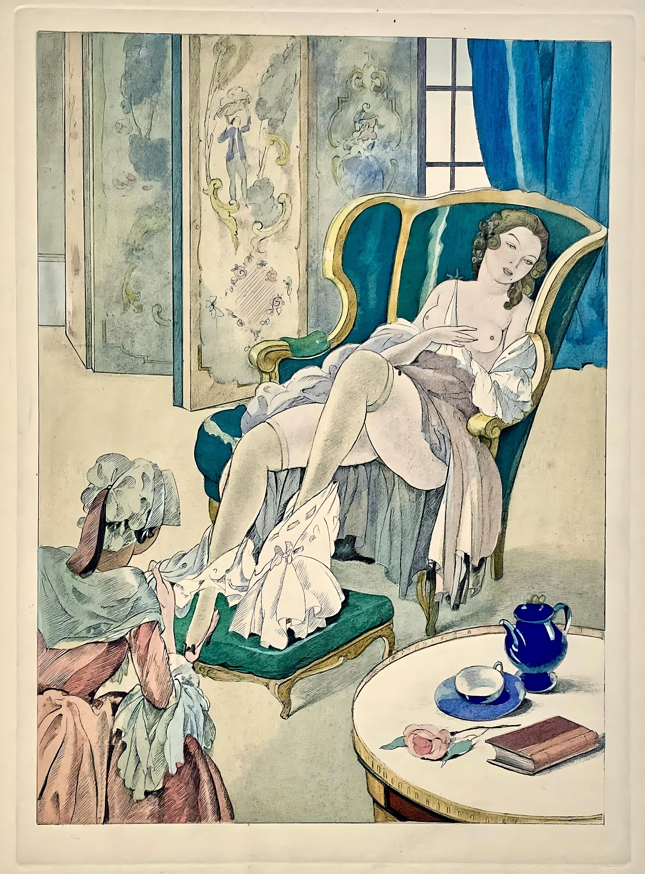 Lithographie et pochoir sur papier vélin d'Arches. Non signé et non numéroté, tel que publié. Bon état. Notes : Extrait du volume La Leçon d'amour dans un parc, 1933. Publié par les Éditions Albin Michel, Paris ; imprimé par les Ateliers de Jacomet,