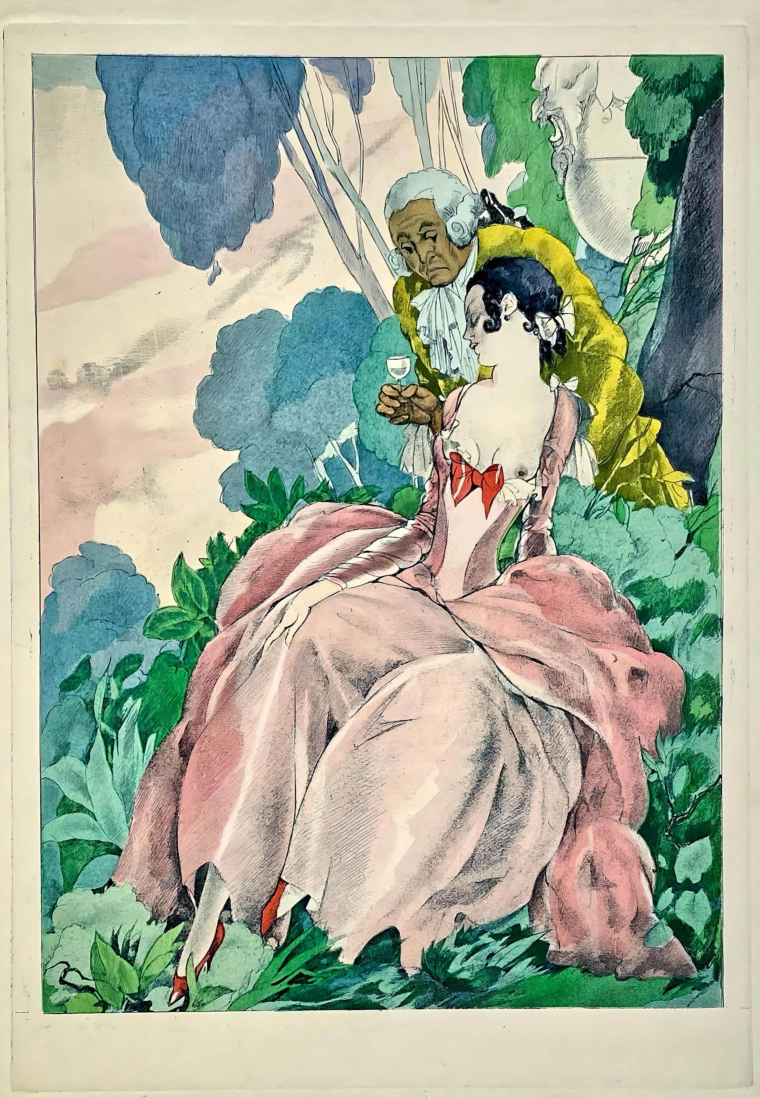 Lithographie et pochoir sur papier vélin d'Arches. Non signé et non numéroté, tel que publié. Bon état. Notes : Extrait du volume La Leçon d'amour dans un parc, 1933. Publié par les Éditions Albin Michel, Paris ; imprimé par les Ateliers de Jacomet,