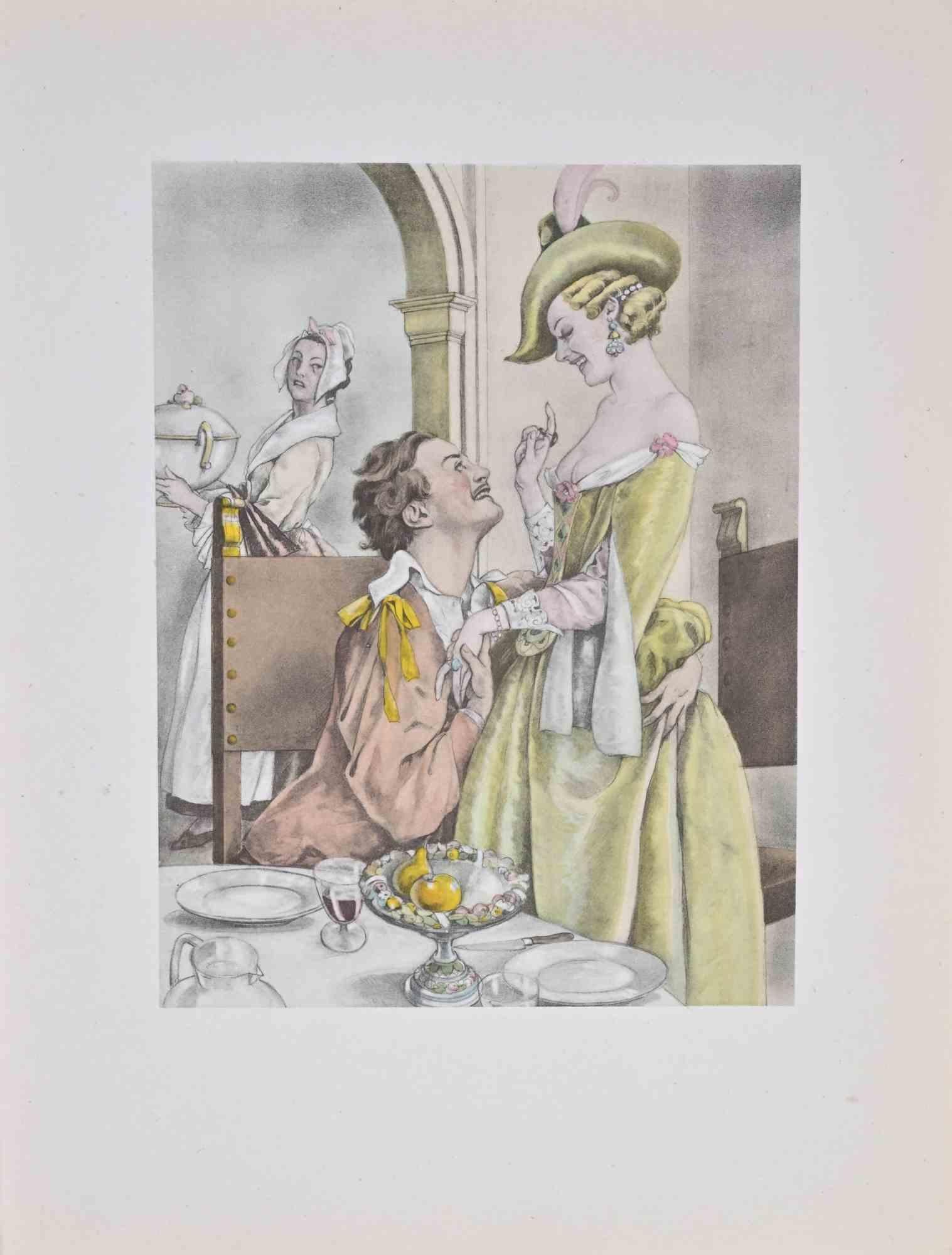 Pranzo degli innamorati - Litografia di Umberto Brunelleschi - Anni '30