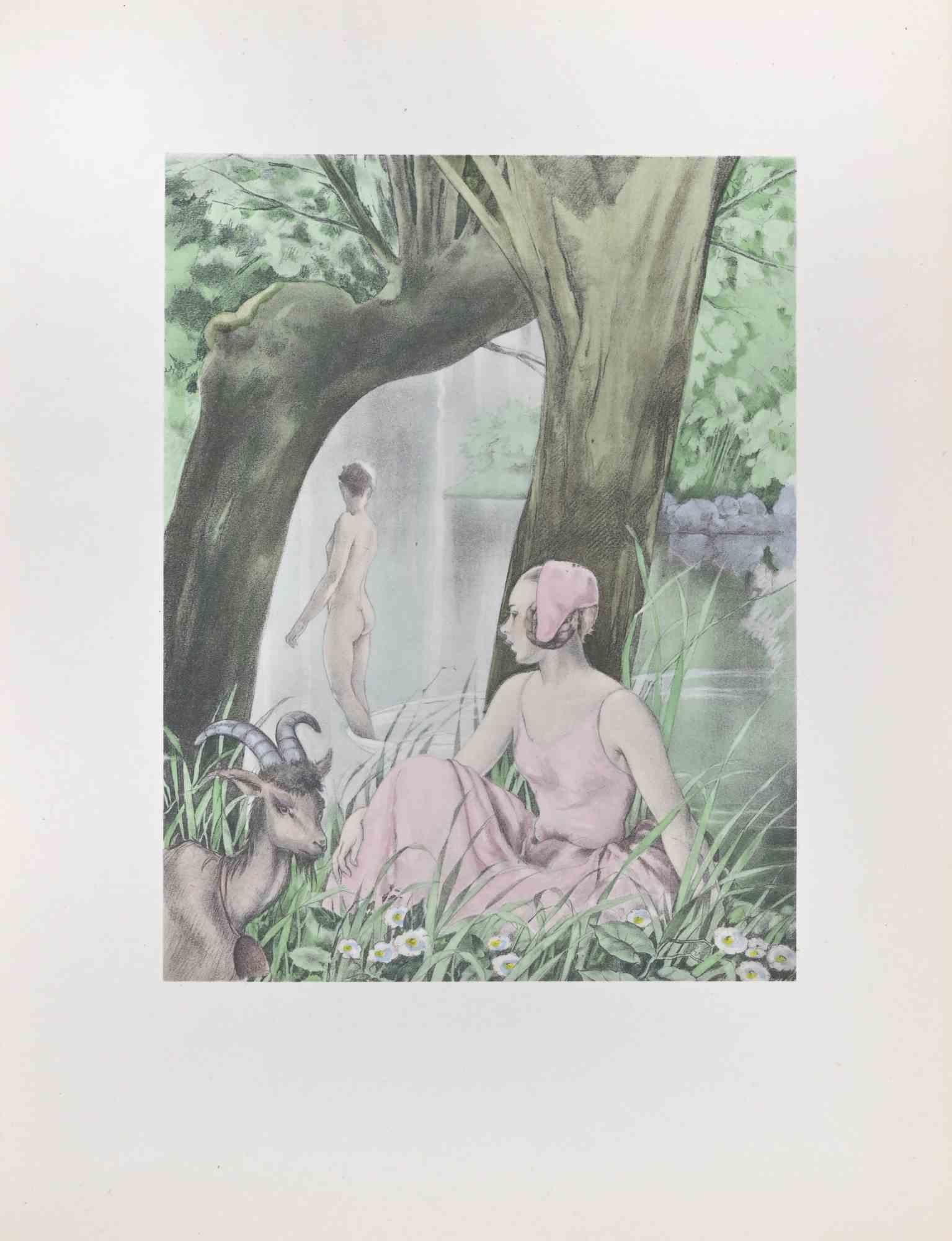 Nuotare sotto le cascate - Litografia di Umberto Brunelleschi - anni '30