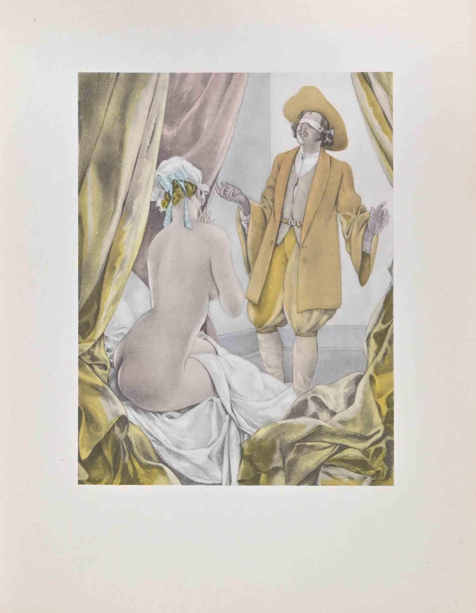 La benda è una litografia a colori su carta avorio, realizzata dall'artista italiano Umberto Brunelleschi (Montemurlo 1879 - Parigi 1949).

Illustrazione per "Racconti e storie brevi" di La Fontaine (Gilbert Jeune, Librairie D'Amateurs 1937-38,