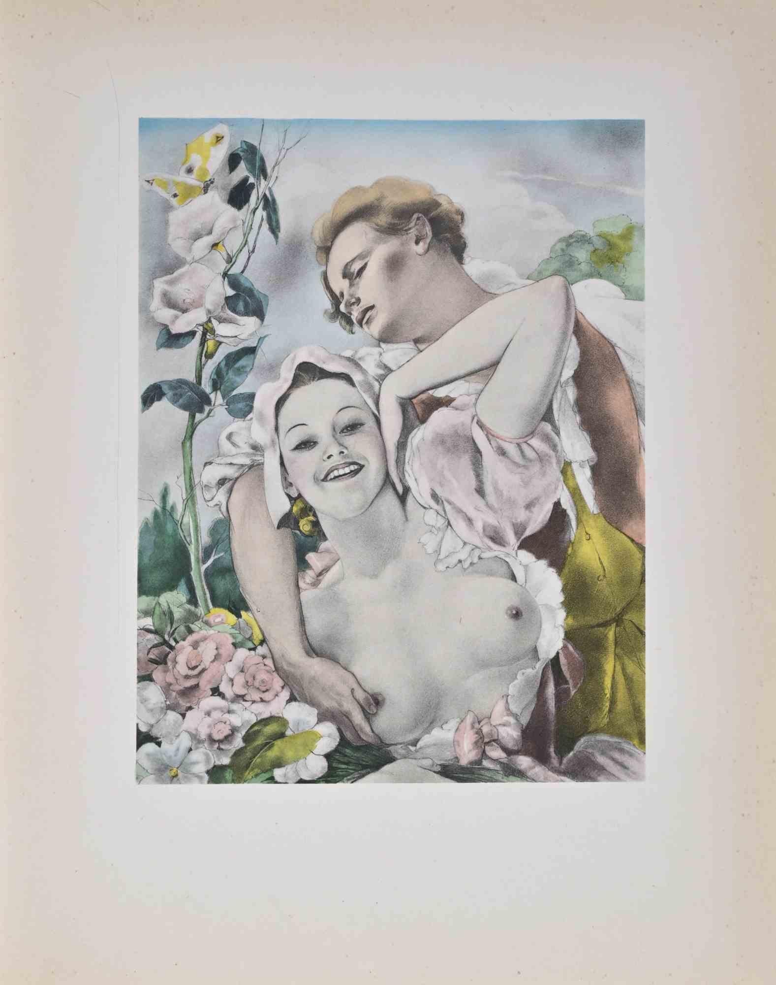 The Flowers is a color lithograph on ivory paper, created by the Italian artist Umberto Brunelleschi (Montemurlo 1879- Paris 1949).

Illustration for “Tales and Short Stories” by La Fontaine (Gilbert Jeune, Librairie D'Amateurs 1937-38, Paris);     