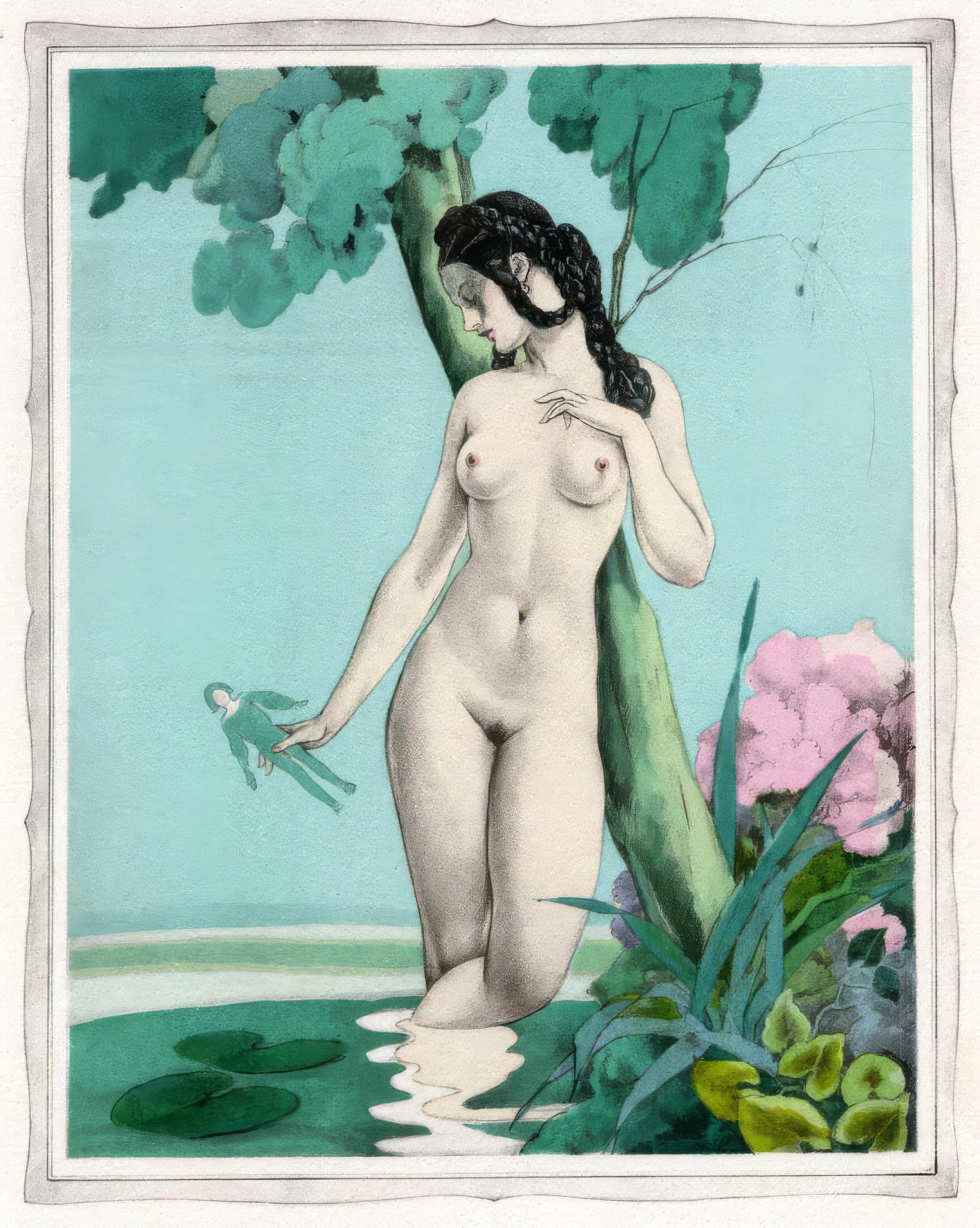 This exquisite lithograph and pochoir after Umberto Brunelleschi (1879–1949), titled Sans titre (Untitled), originates from the celebrated album Les contes de Boccace (The Tales of Boccaccio), published by Gibert Jeune, Librairie d
Amateurs, Paris.