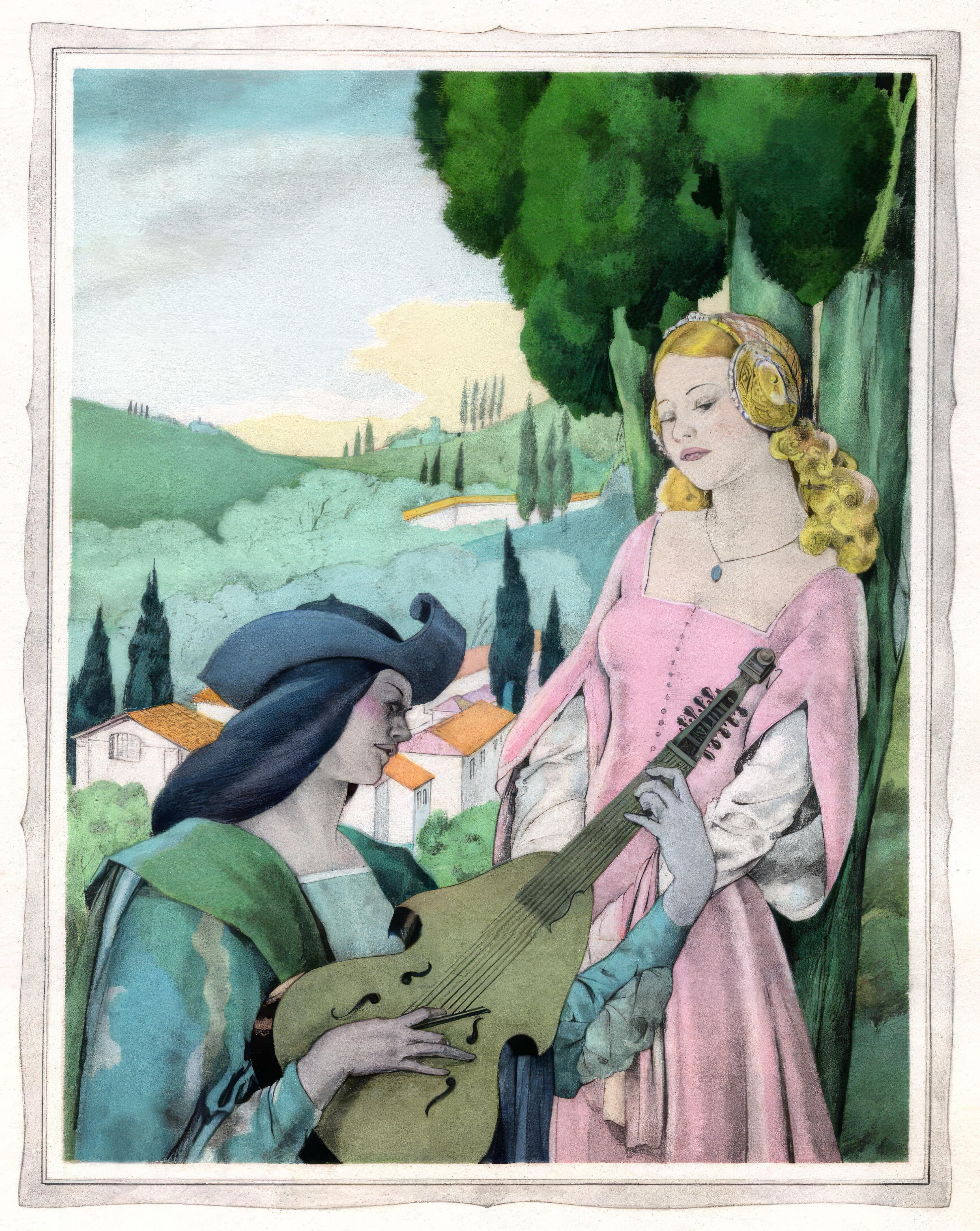 This exquisite lithograph and pochoir after Umberto Brunelleschi (1879–1949), titled Sans titre (Untitled), originates from the celebrated album Les contes de Boccace (The Tales of Boccaccio), published by Gibert Jeune, Librairie d
Amateurs, Paris.