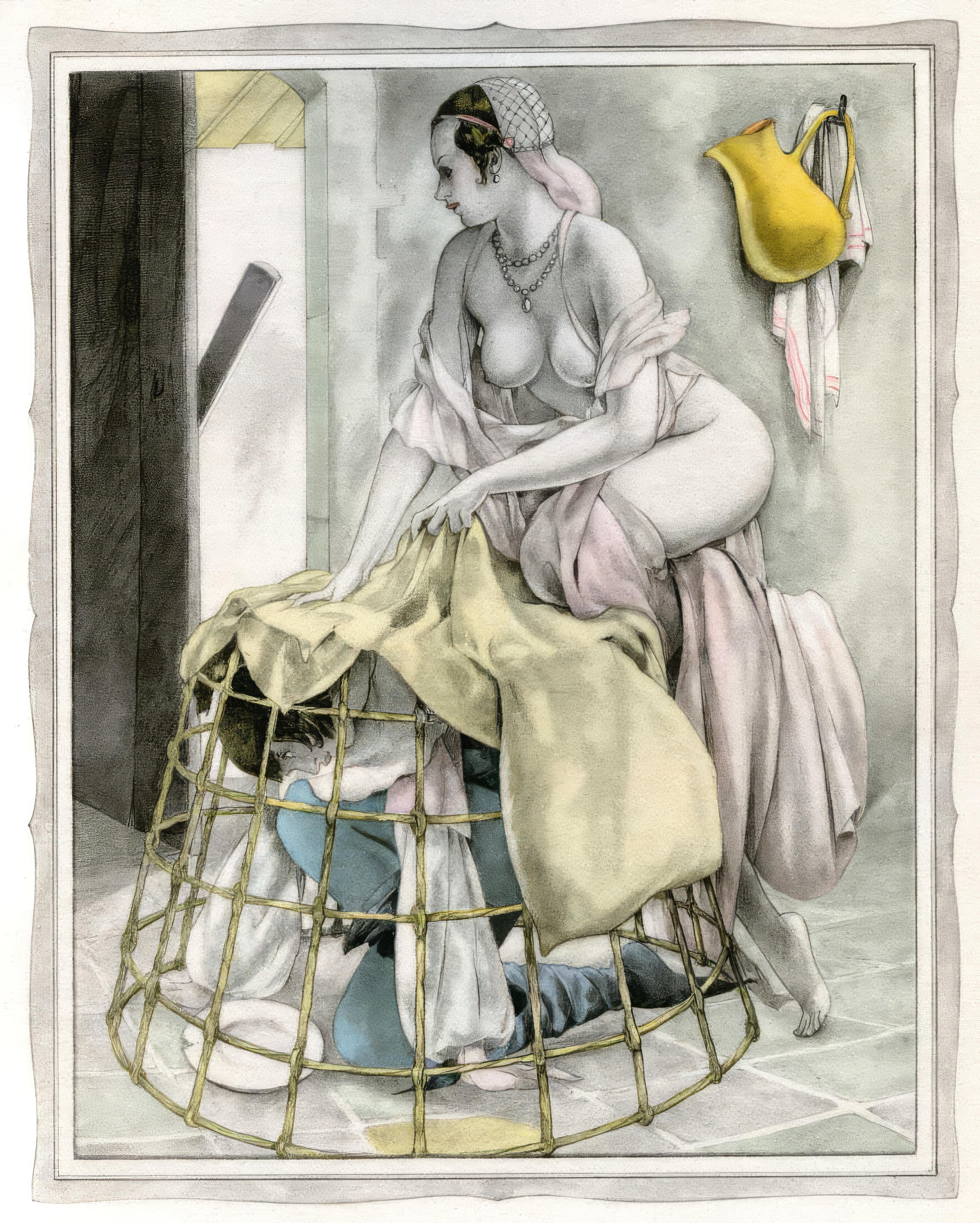 This exquisite lithograph and pochoir after Umberto Brunelleschi (1879–1949), titled Sans titre (Untitled), originates from the celebrated album Les contes de Boccace (The Tales of Boccaccio), published by Gibert Jeune, Librairie d
Amateurs, Paris.