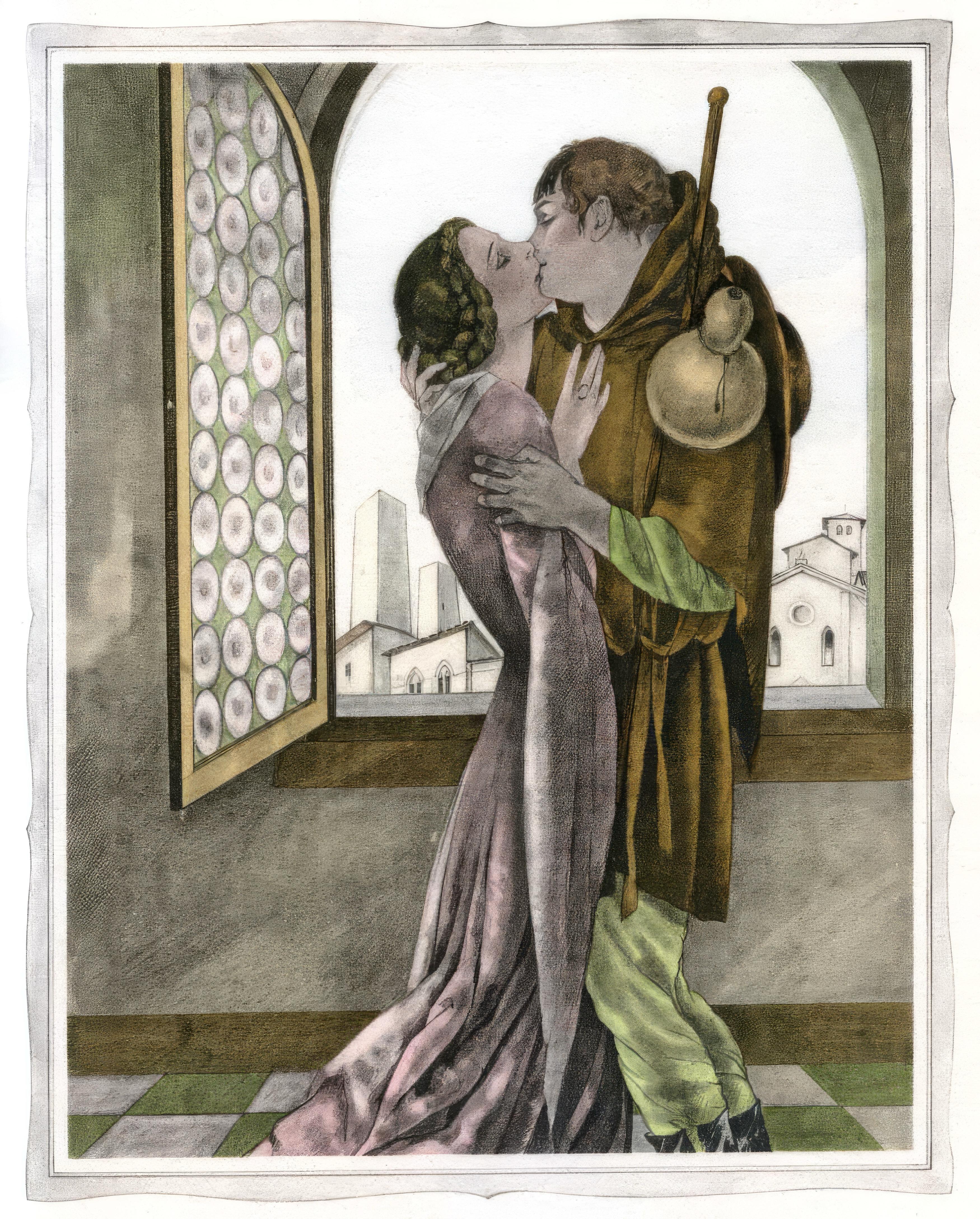 This exquisite lithograph and pochoir after Umberto Brunelleschi (1879–1949), titled Sans titre (Untitled), originates from the celebrated album Les contes de Boccace (The Tales of Boccaccio), published by Gibert Jeune, Librairie d
Amateurs, Paris.