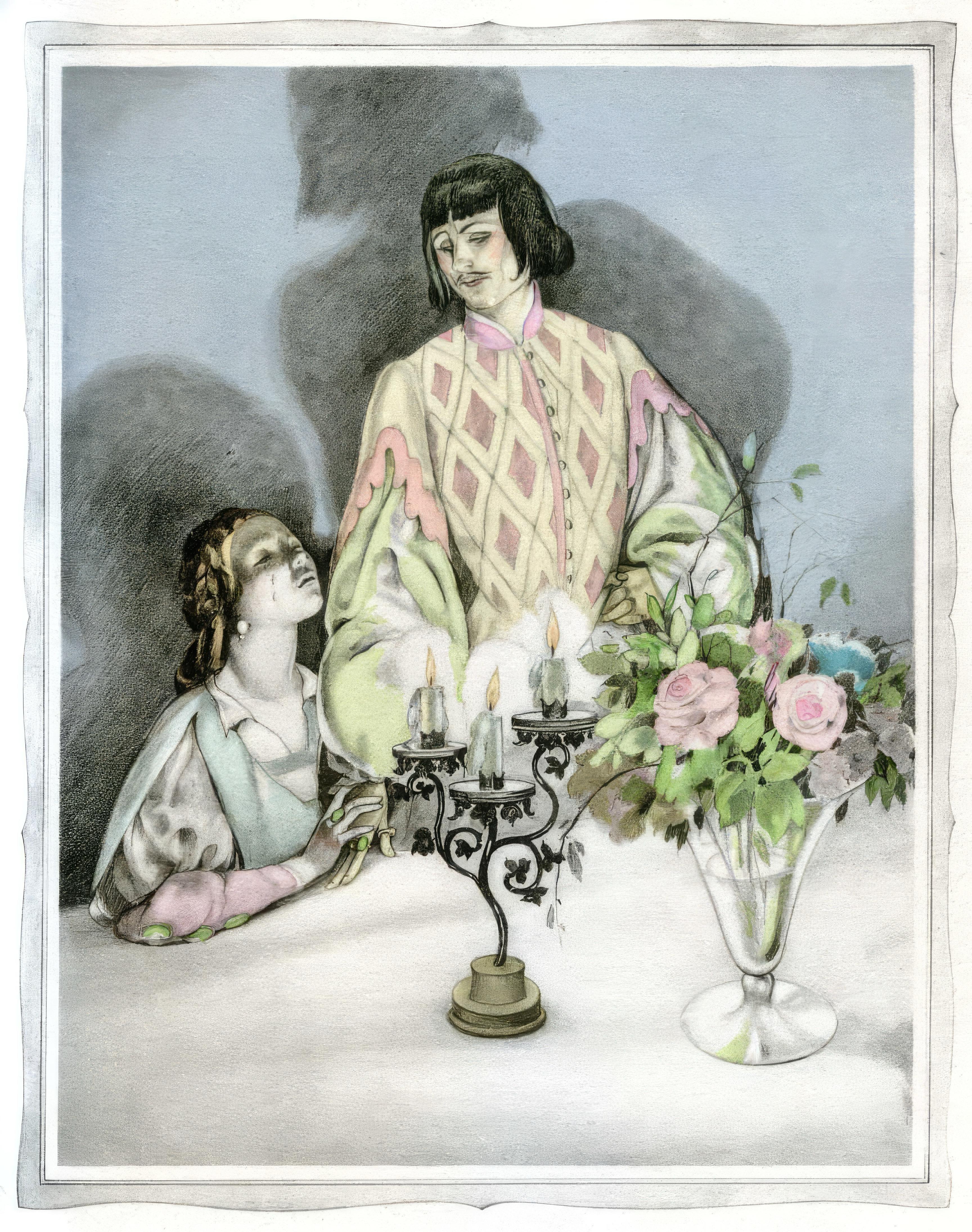 This exquisite lithograph and pochoir after Umberto Brunelleschi (1879–1949), titled Sans titre (Untitled), originates from the celebrated album Les contes de Boccace (The Tales of Boccaccio), published by Gibert Jeune, Librairie d
Amateurs, Paris.