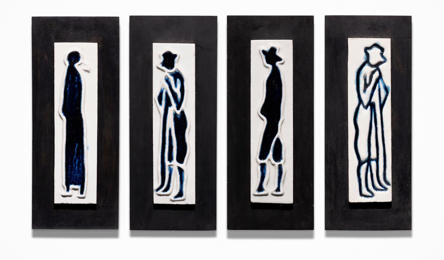 These four ceramic plaques on wood are an exquisite set piece from the Italian artist Umberto Del Negro. Its title "Prove" is Italian for "Evidence". One interpretation is that it refers to evidence of existence, as the four figures appear to be