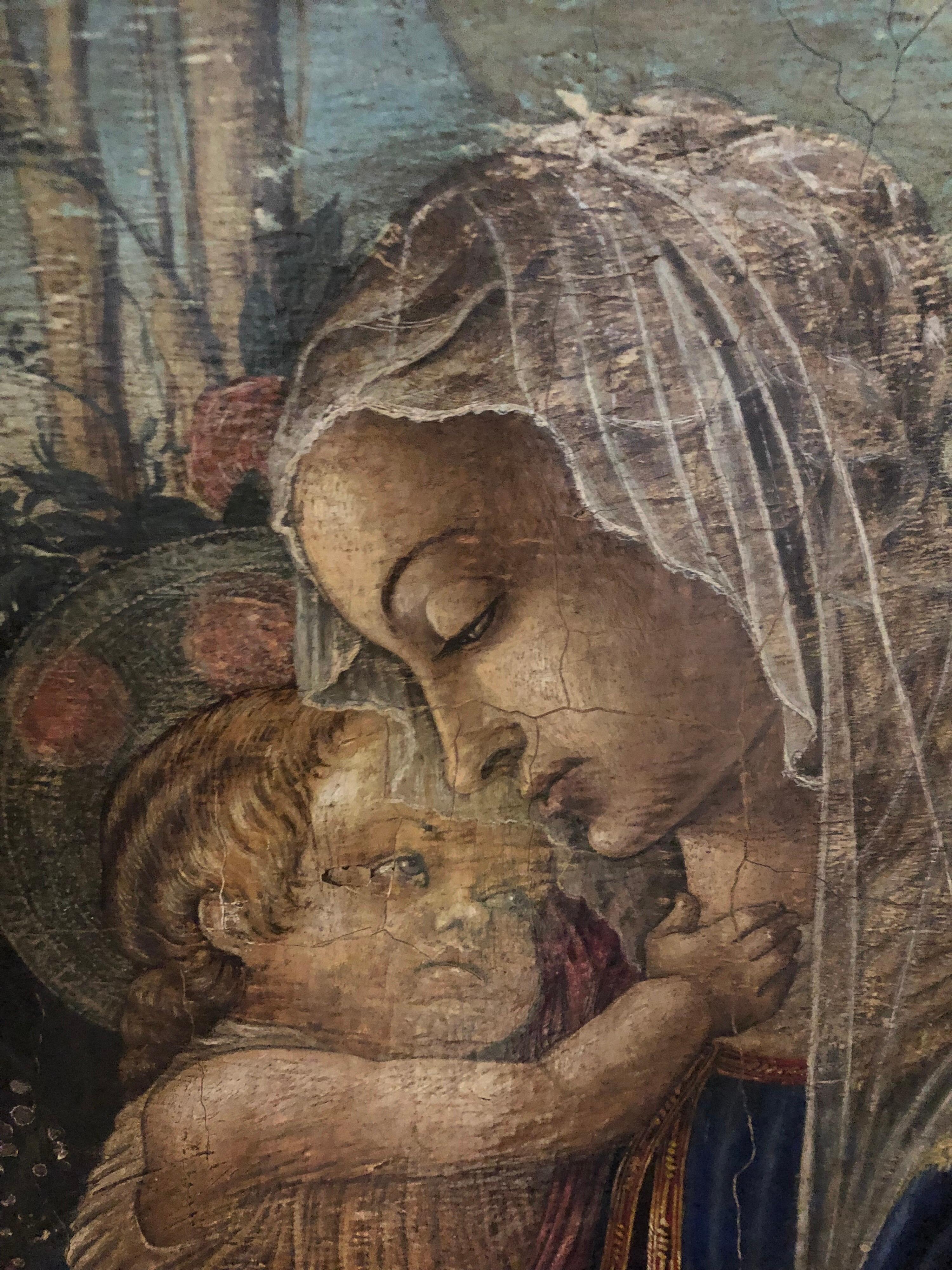 Mid-Century Modern Umberto Giunti Italian Oil Tempera Wooden Panel Madonna Child Rose Garden
