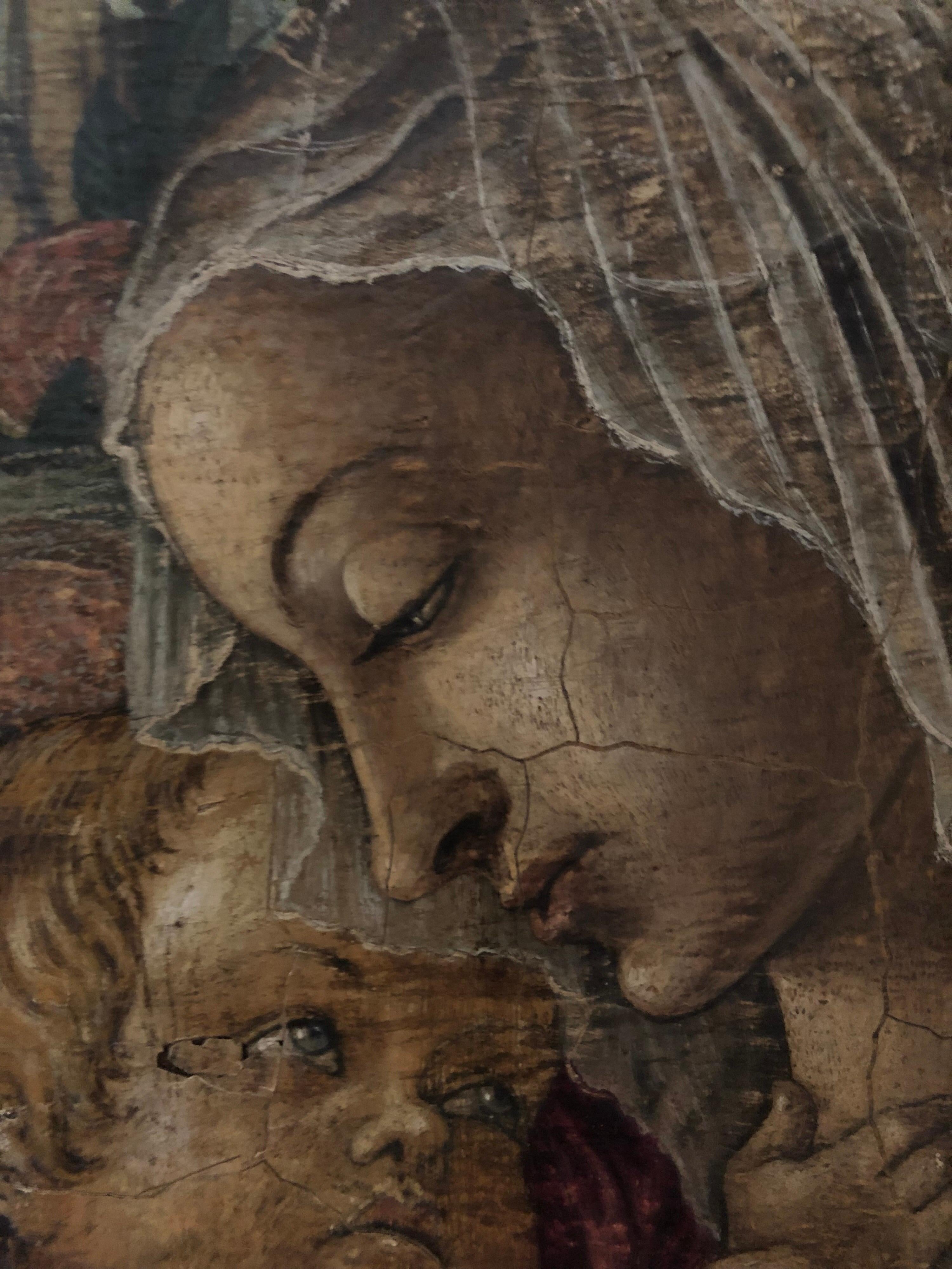 20th Century Umberto Giunti Italian Oil Tempera Wooden Panel Madonna Child Rose Garden