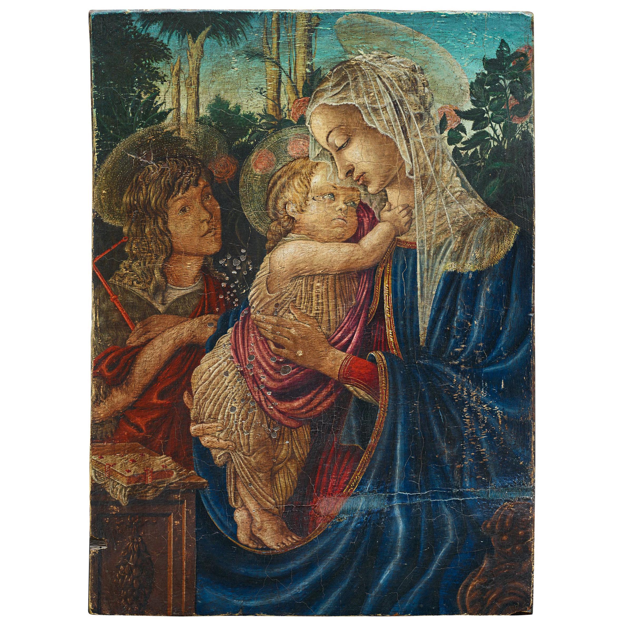 Umberto Giunti Italian Oil Tempera Wooden Panel Madonna Child Rose Garden