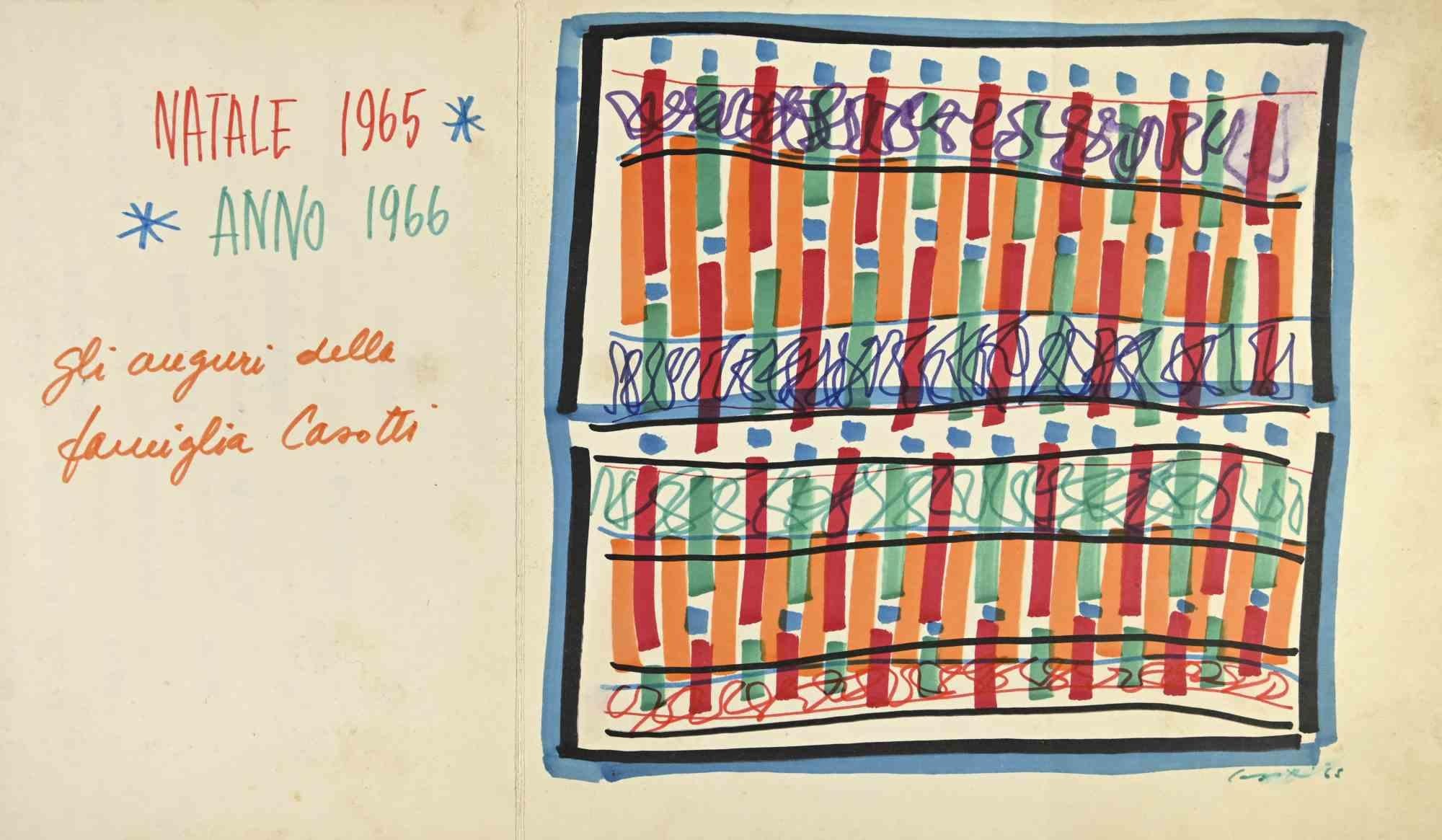 Tarjeta de Navidad '65 es una obra de arte realizada por Umberto Maria Casotti en 1965.

Dibujo en acuarela con inscripción manuscrita.

Marcas de bolígrafo y pluma sobre papel. 

En perfecto estado. 

Tarjeta navideña y de felicitación realizada