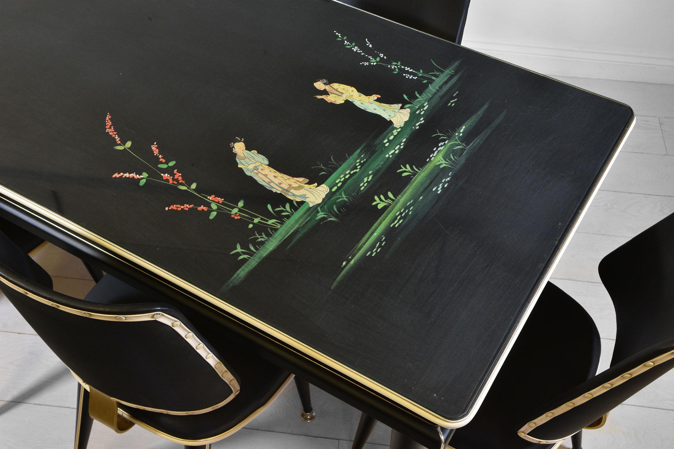 A unique mid-century Italian chinoiserie dining table and six dining chairs, designed by Umberto Mascagni for Harrods. Circa 1960s.

Image numbers 6 and 7 show original photographs of the table and chairs in its first home in the Barbican, London