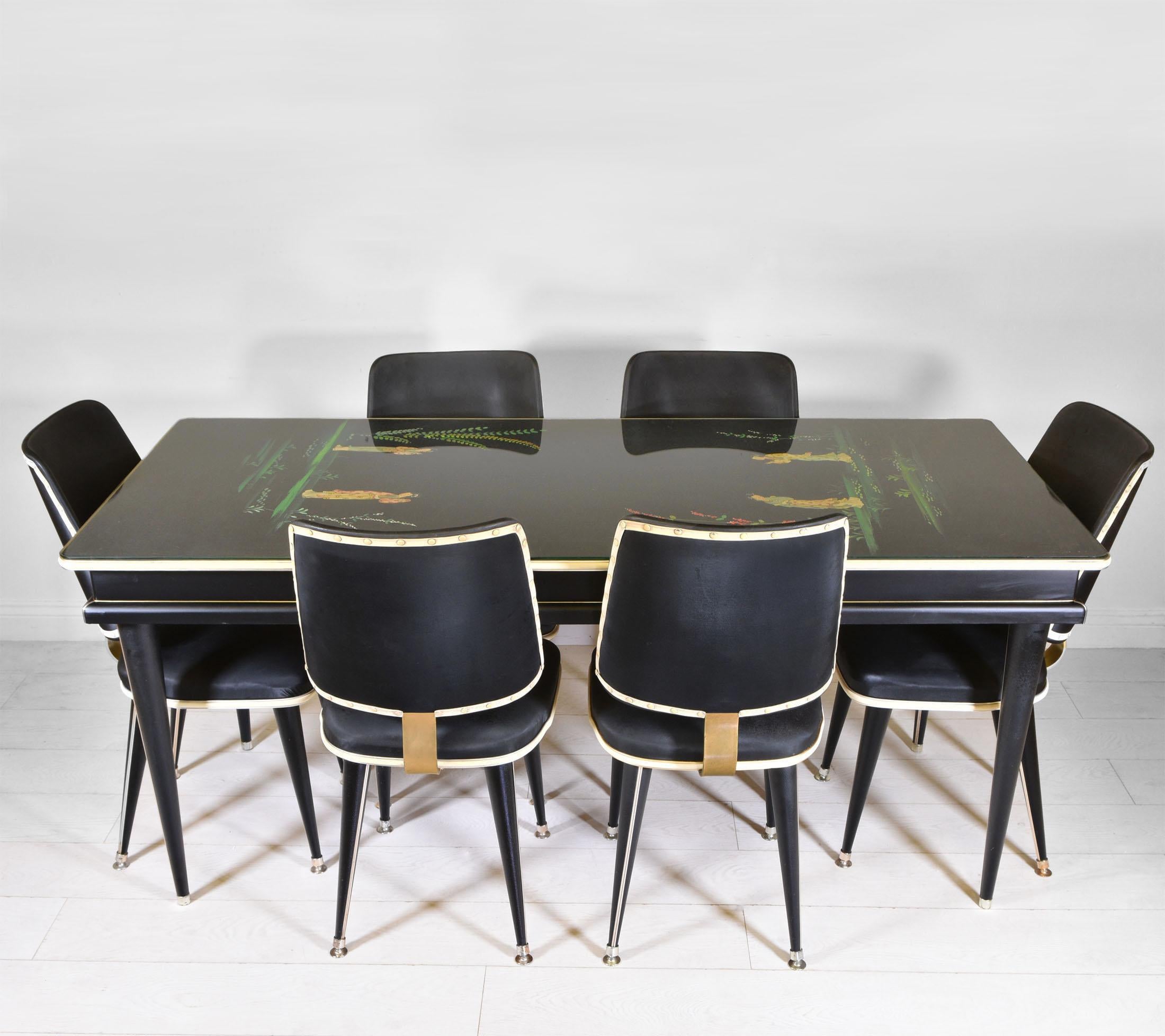 Anodized Umberto Mascagni Chinoiserie Mid Century Dining Table & Six Chairs For Sale