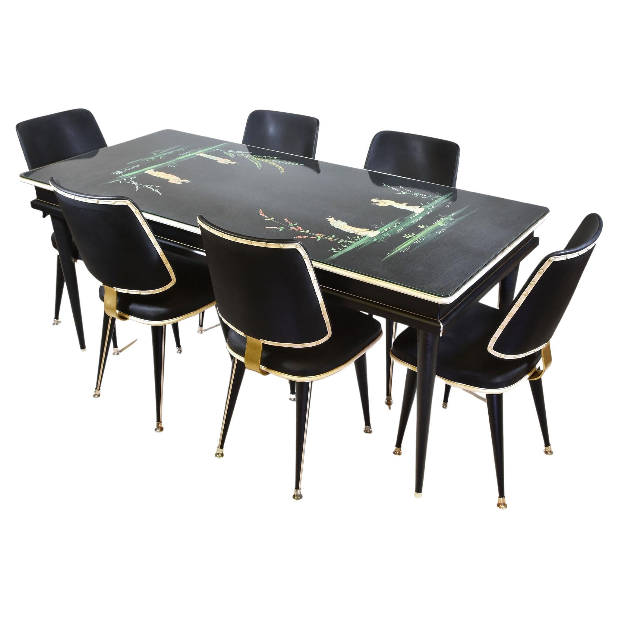 Umberto Mascagni Chinoiserie Mid Century Dining Table & Six Chairs For Sale