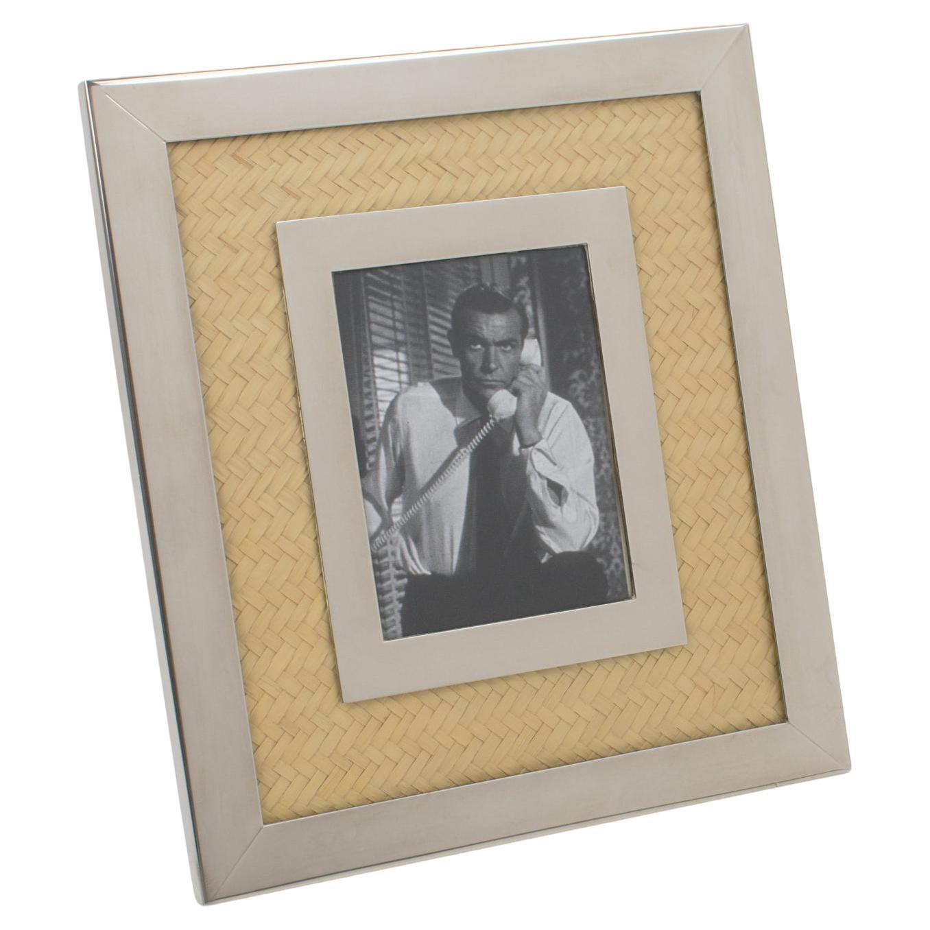 Umberto Mascagni Chrome and Straw Marquetry Picture Frame, Italy 1970s For Sale