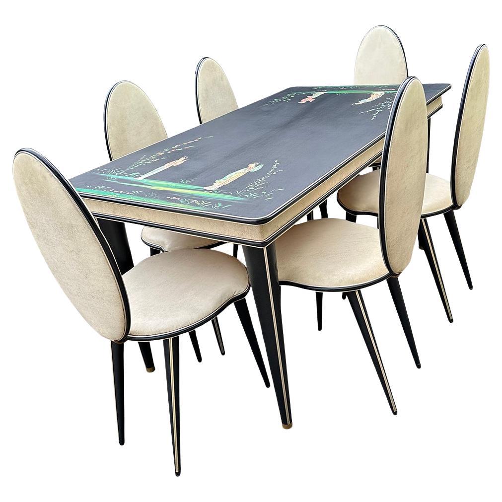 Umberto Mascagni Mid century Chinoiserie table with six chairs For Sale