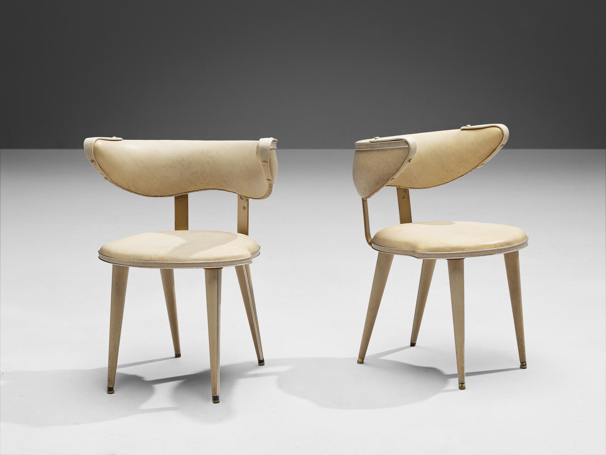 Umberto Mascagni, chairs, vinyl, wood, chrome, brass, Italy, 1950s

Pair of sculptural chairs designed by Umberto Mascagni. The chairs are executed in a very common material of the 1950s, vinyl. The chairs are neat and refined in design. The