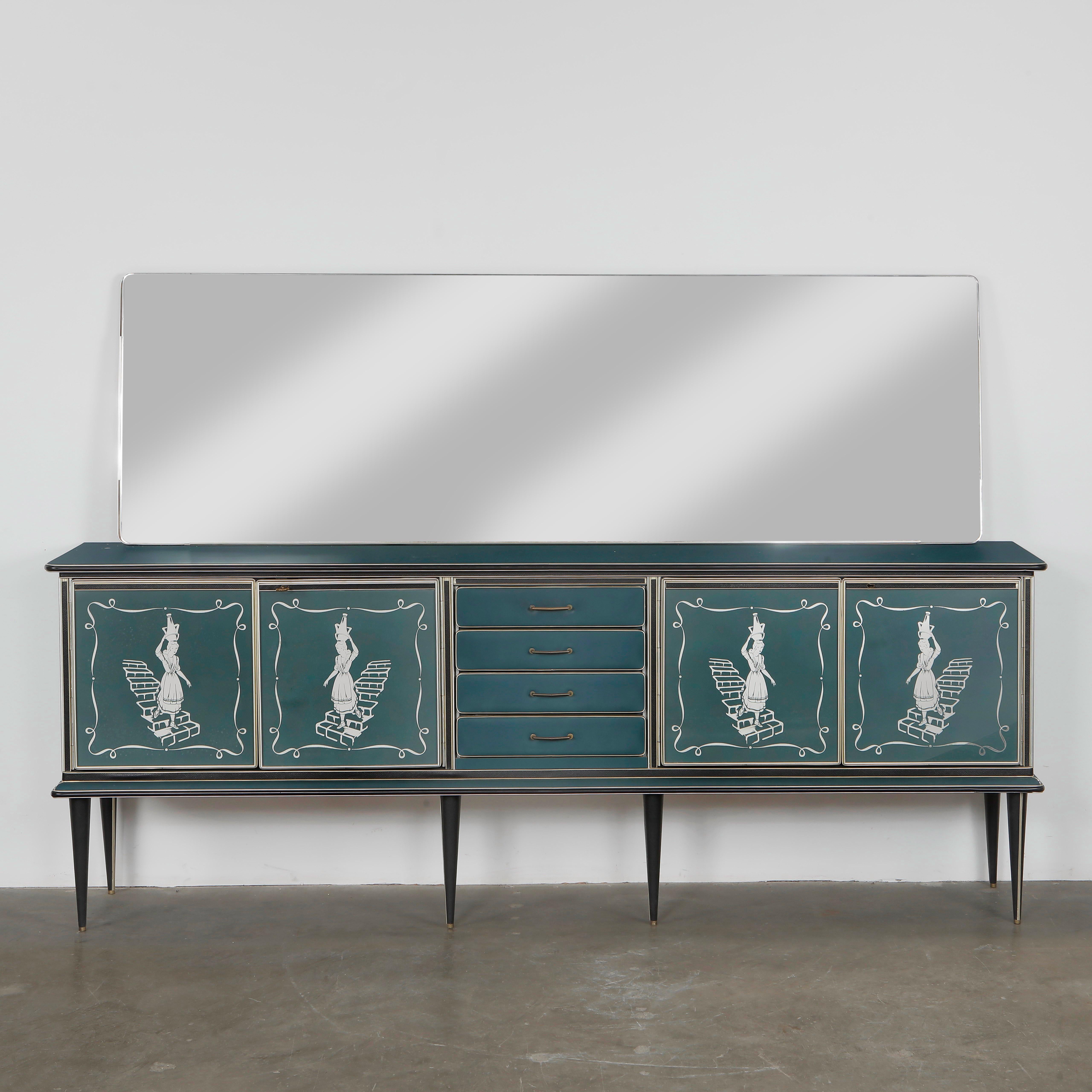 A vibrant lacquered sideboard by Mascagni, featuring stylized figurative panels and a matching mirrored back. A perfect embodiment of playful Italian mid-century glamour. Height: 35.8 in. Length: 98.8 in. Width: 20.2 in. Height With the Glass: 65.5