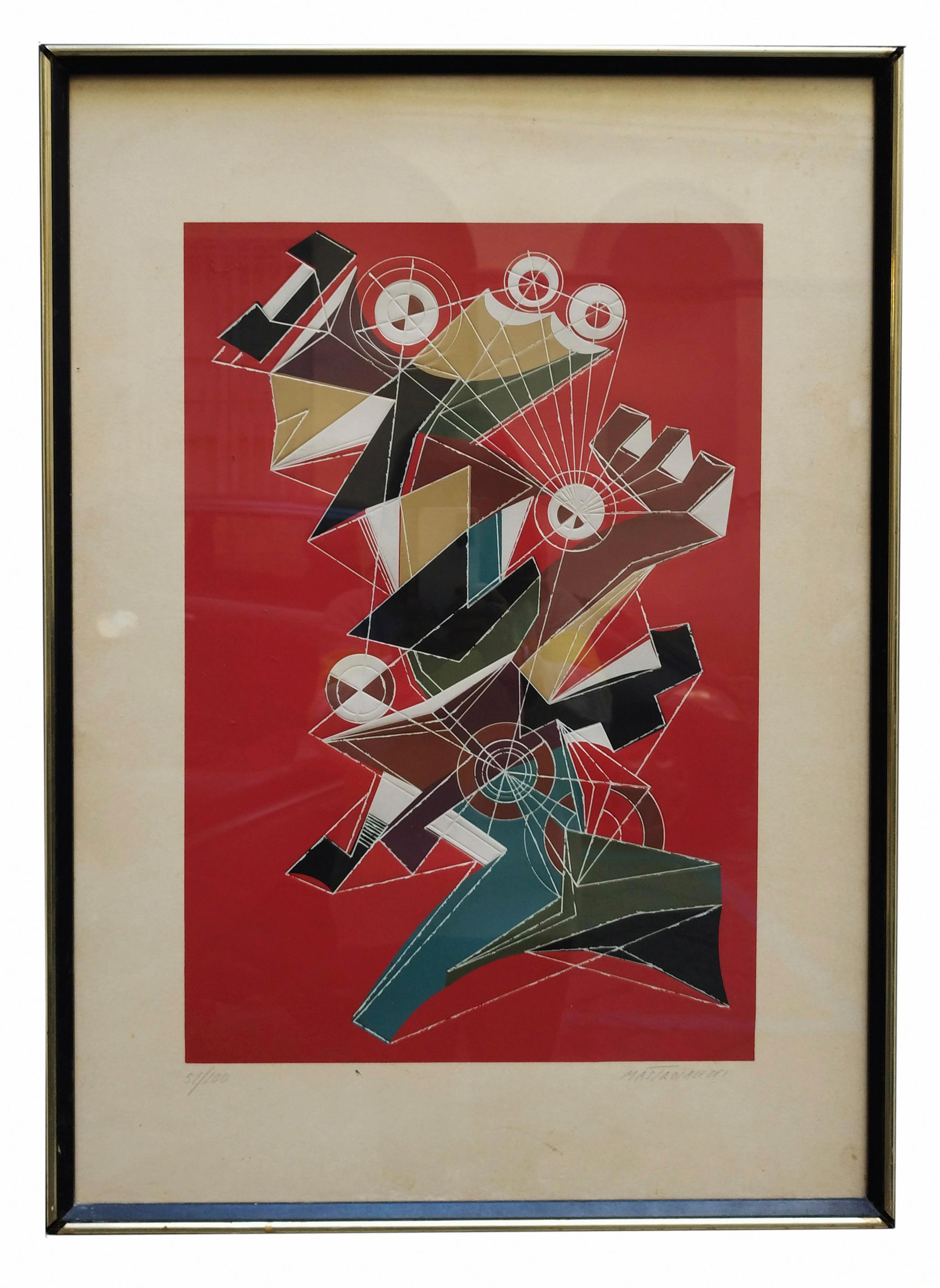 Sérigraphie d'Umberto Mastroianni  avec cadre  en couleurs mélangées. Signé à la main par l'artiste dans le coin inférieur droit au crayon. Numéroté 51/100 au crayon dans le coin inférieur gauche. 1970s
Bon état.
