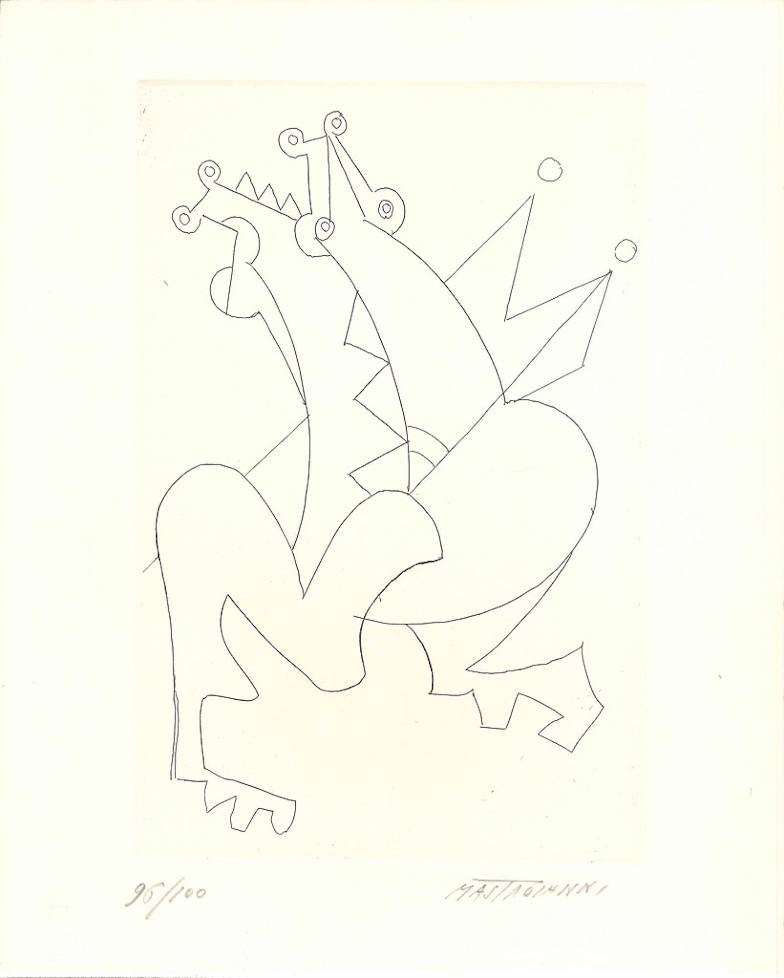Umberto Mastroianni Animal Print - Horses Composition - Original Etching by U. Mastroianni - 1972