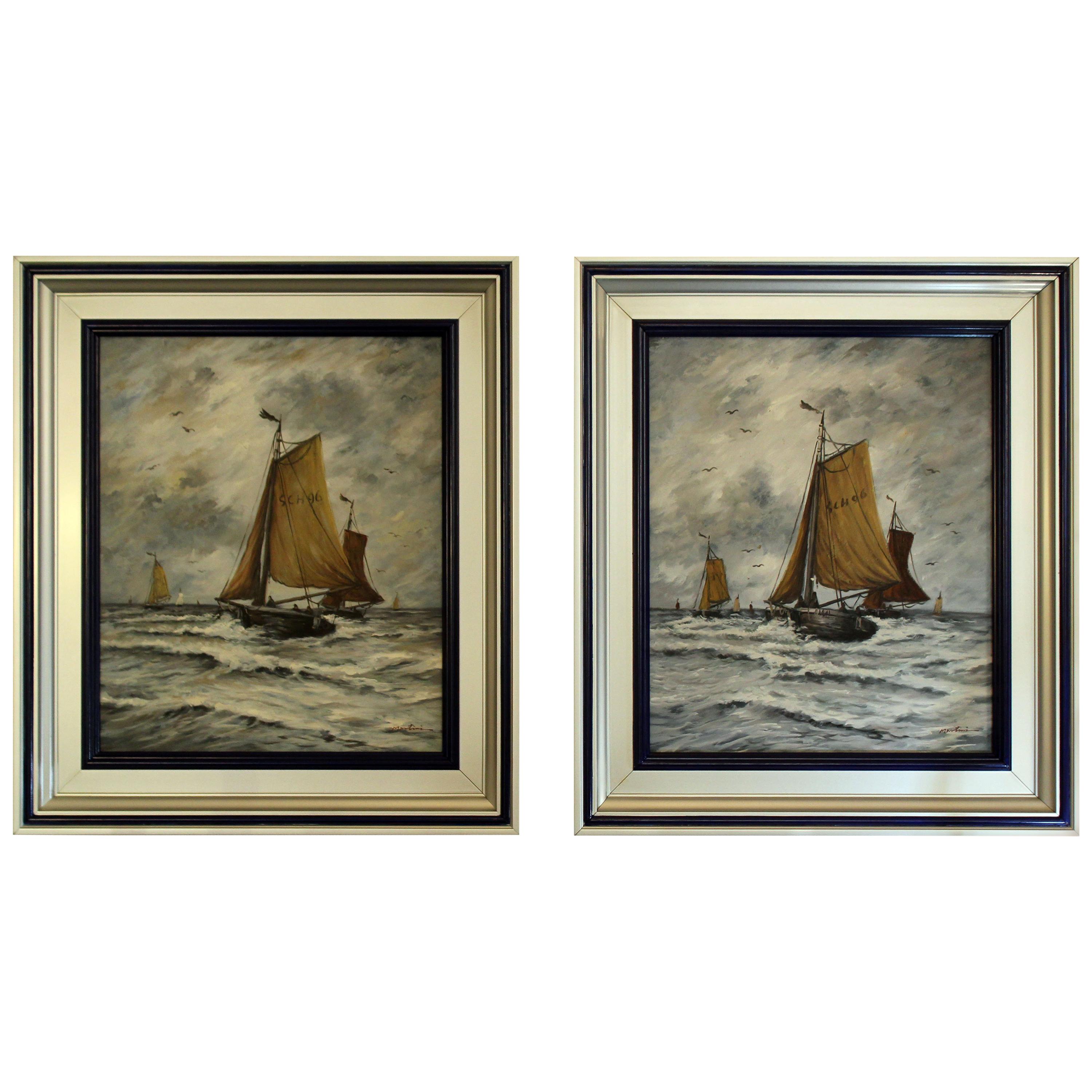 Umberto Montini, Italian Paintings "Sailboat", Set of Two, 1940s For Sale