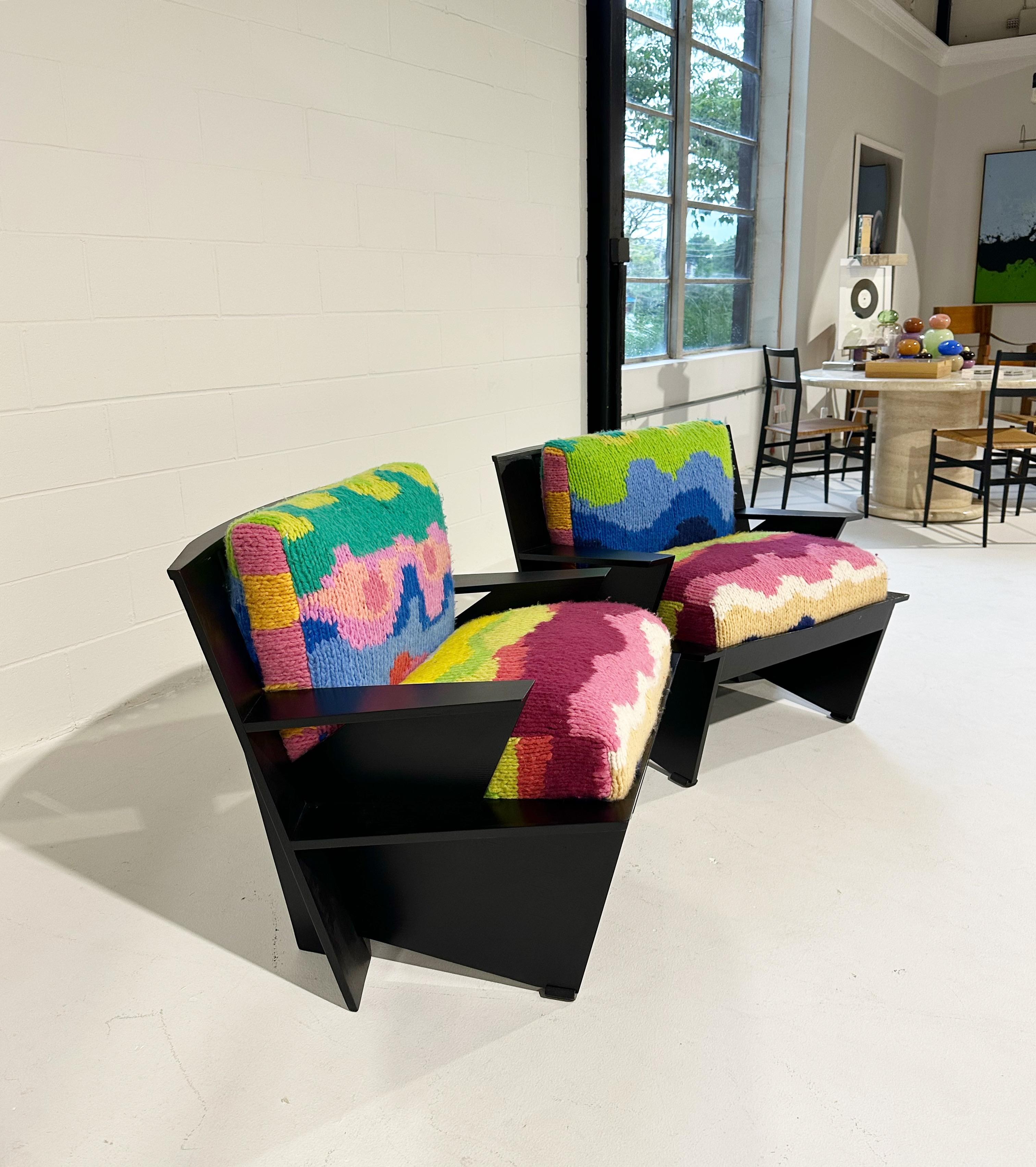 We love these lacquered plywood chairs from the designdom of 1980s Italy. For the new custom cushions, we chose colorful, handwoven cashmere throws from Gabriela Hearst. The Gabriela Hearst Levy blanket has a colorful intarsia motif that is directly