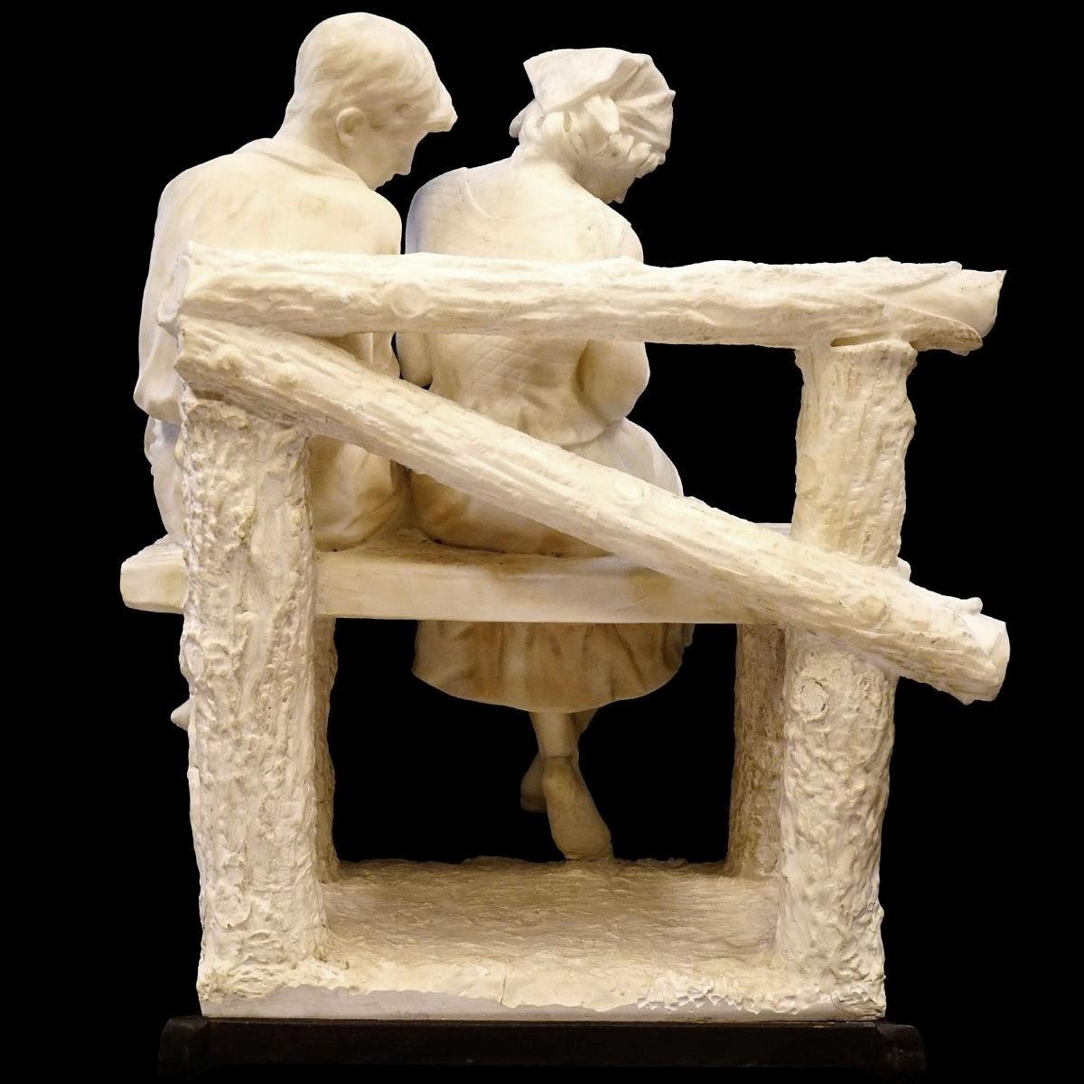 Belle Époque Umberto Stiaccini Attributed Alabaster Sculpture of Courting Couple For Sale