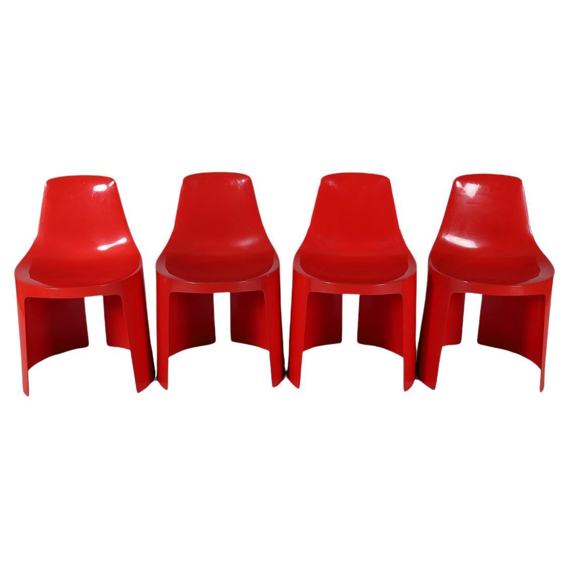  'Umbo' Red Molded Plastic Stacking Chair Set by Kay LeRoy Ruggles For Sale