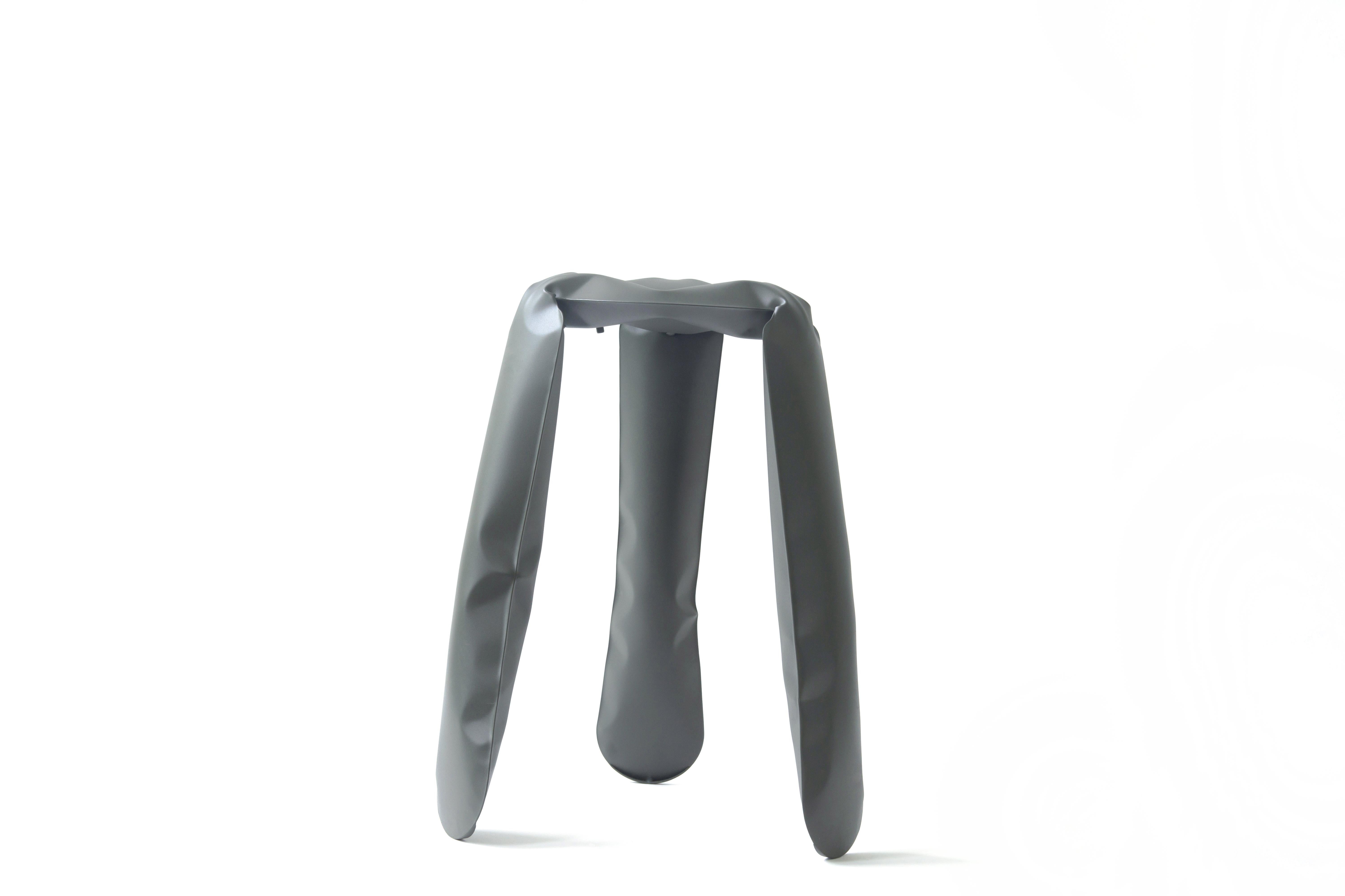 Umbra Gray steel Kitchen Plopp stool by Zieta
Dimensions: D 35 x H 65 cm 
Material: Carbon steel. 
Finish: Powder-coated. 
Available in colors: Beige, black, blue, graphite, moss, umbra gray, and flamed gold. Available in Stainless Steel, Aluminum,