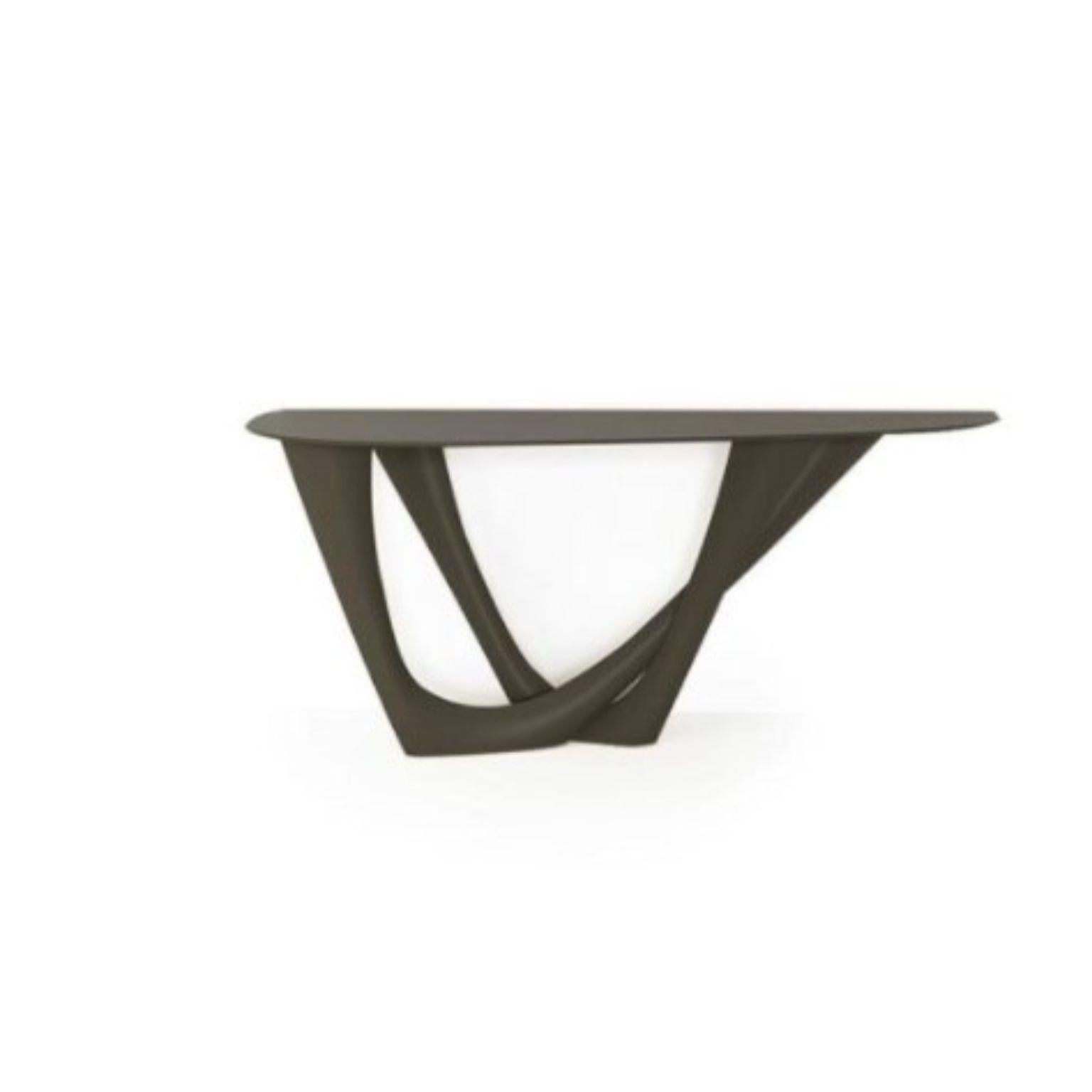 Umbra grey G-Console duo steel base and top by Zieta
Dimensions: D 56 x W 168 x H 75 cm 
Material: Steel.
Also available in different colors and dimensions.

G-Console is another bionic object in our collection. Created for smaller spaces, it gives