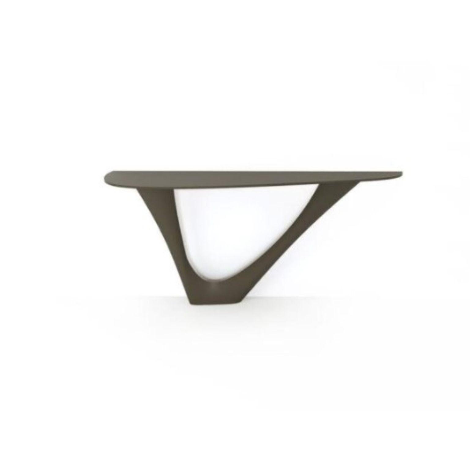 Umbra Grey G-Console base in acciaio con piano in acciaio mono by Zieta
Dimensioni: P 43 x L 159 x H 75 cm 
Materiale: Acciaio al carbonio. 
Disponibile anche in diversi colori e dimensioni.

G-Console è un altro oggetto bionico della nostra