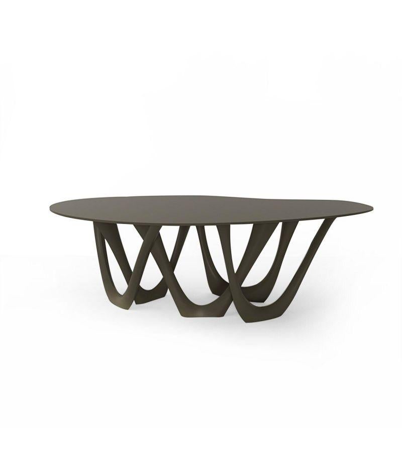 Umbra grey steel G-table by Zieta
Dimensions: D 110 x W 220 x H 75 cm 
Material: Carbon steel. 
Finish: Powder-Coated.
Available in colors: Beige, Black/Brown, Black glossy, Blue-grey, Concrete grey, Graphite, Gray Beige, Gray-Blue, Moss Grey, Olive