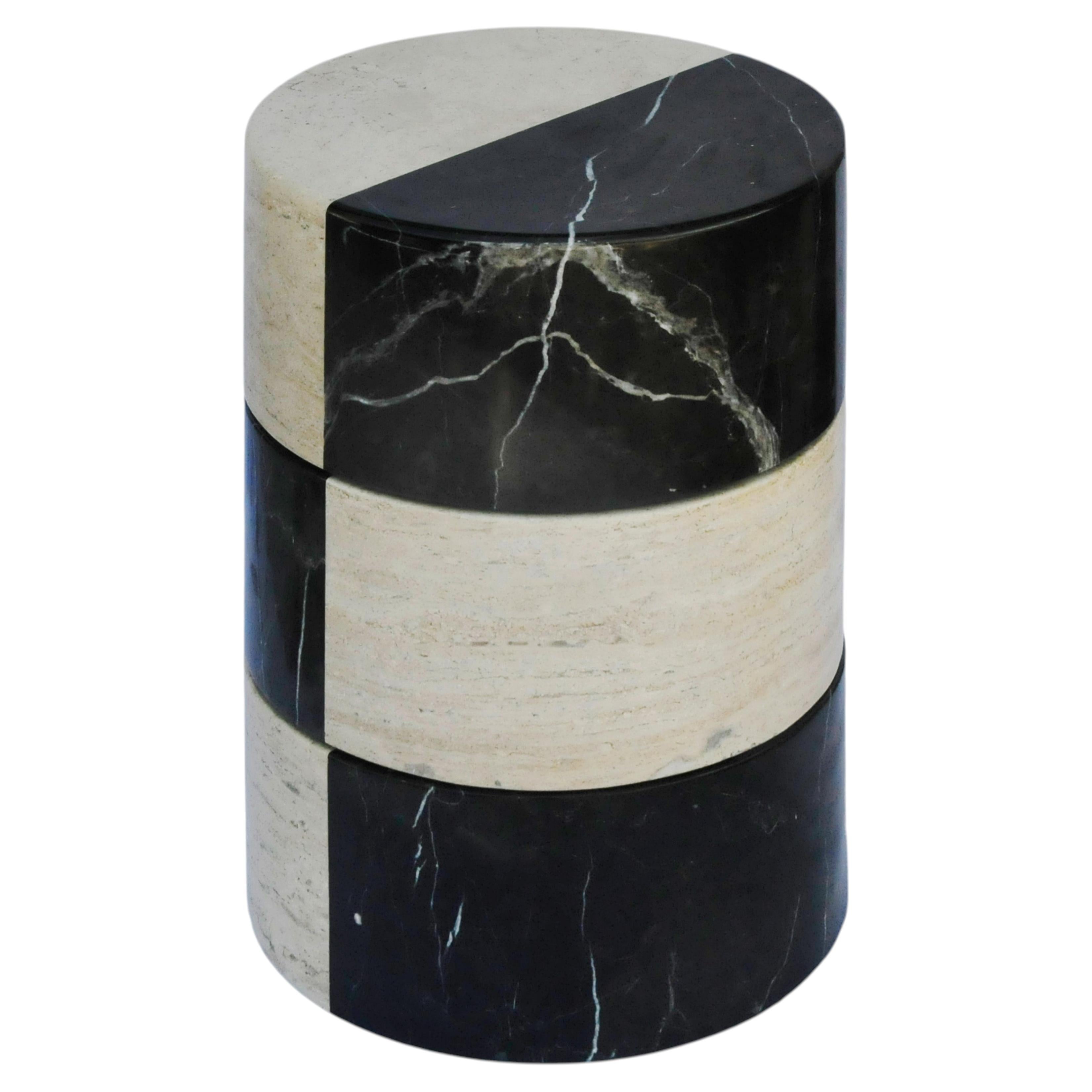 Side Table with Hidden Compartment, Black Marble & Travertine, Sculptural