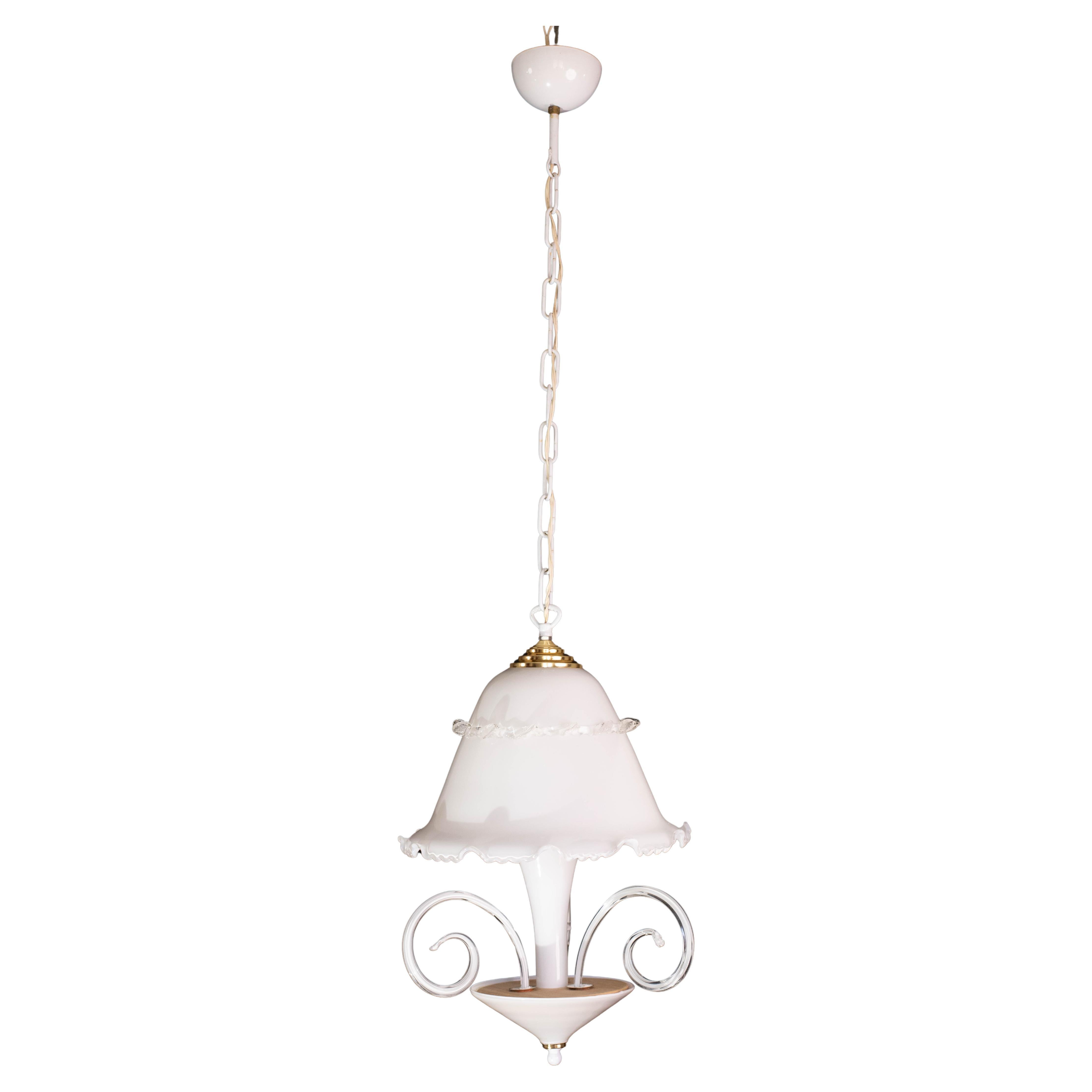 "Umbrella", affascinante lampadario vintage bianco in vetro di Murano, anni '80 in vendita