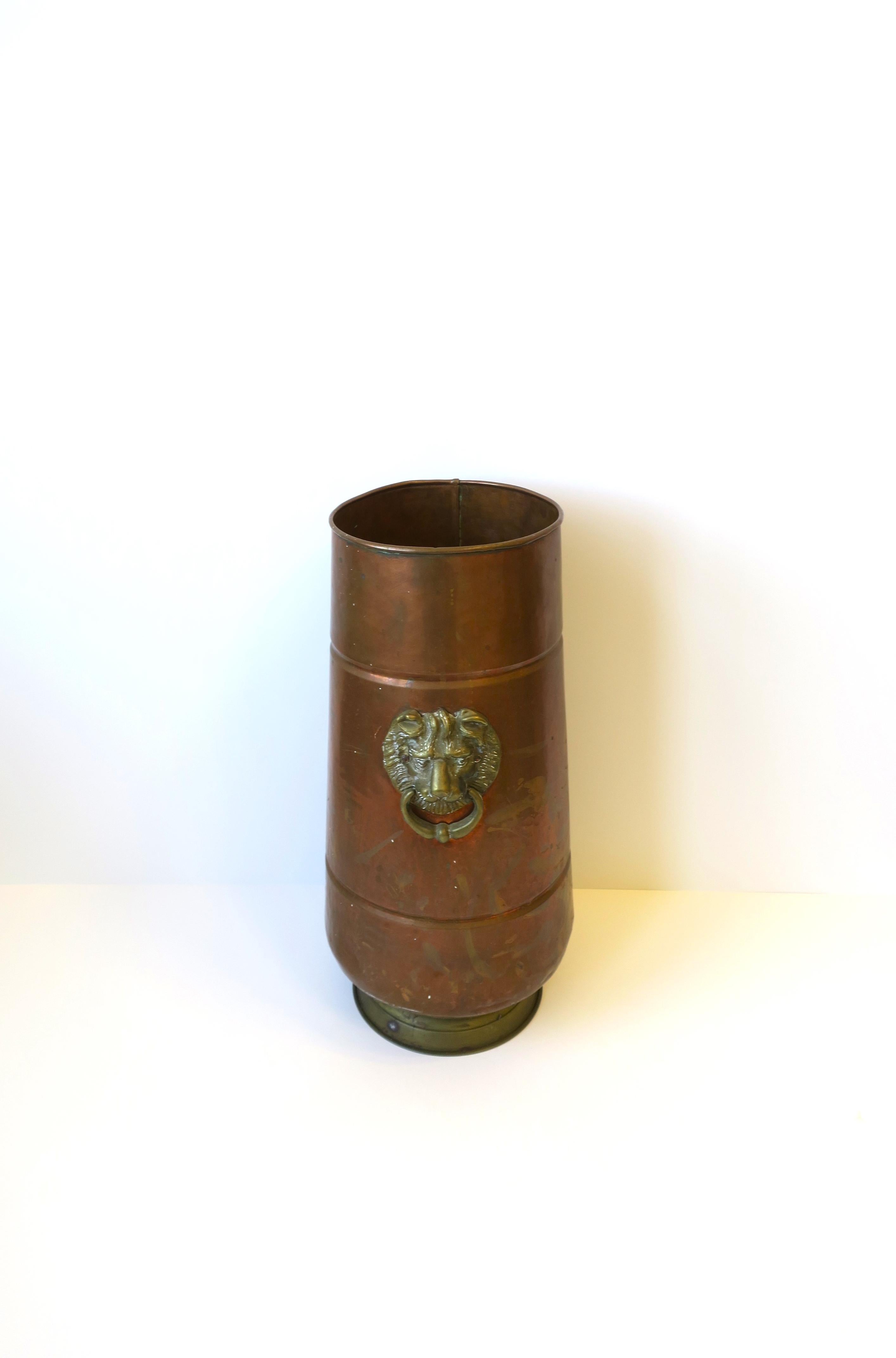 European Umbrella Holder Stand in Copper and Brass with Lion Head Design Regency Style