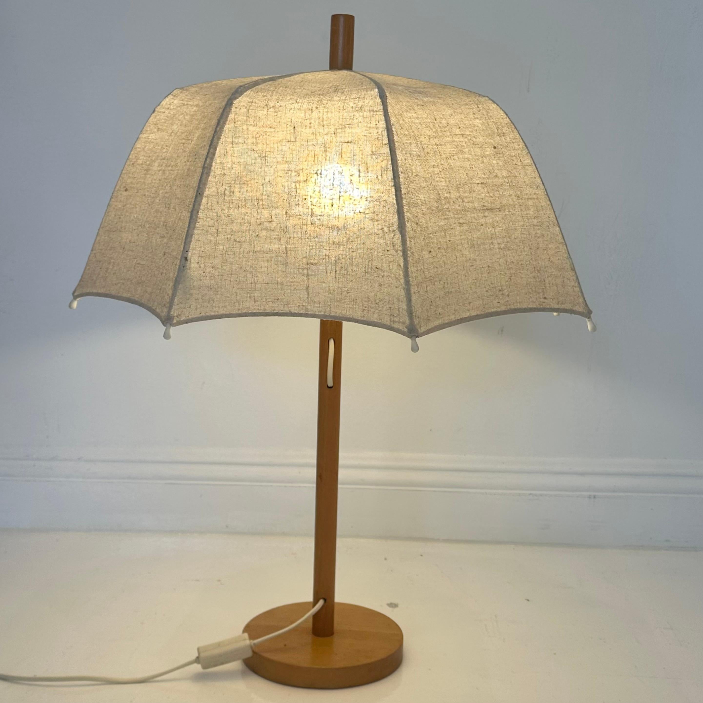 Impresionante y rarísima lámpara en forma de paraguas con un toque costero. Fabricada con una preciosa madera clara y una pantalla de lino color crema.

Esta lámpara procede de los Países Bajos de los años 70, y se ha conservado en muy buen estado.