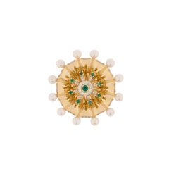Umbrella Ring in 18 Karat Gold with Diamonds, Emeralds And Pearls