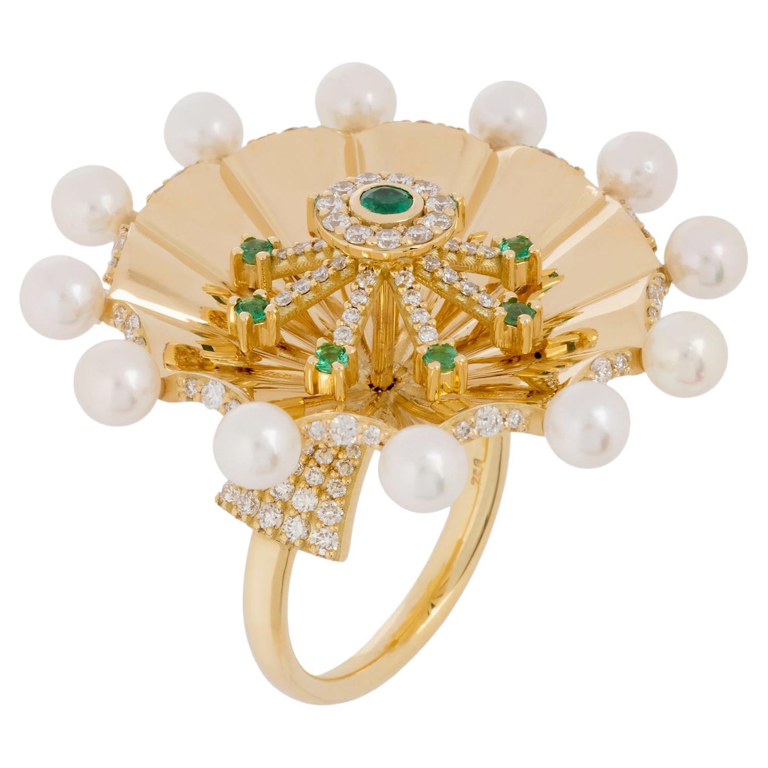 Umbrella Ring in 18 Karat Gold with Diamonds, Emeralds And Pearls
