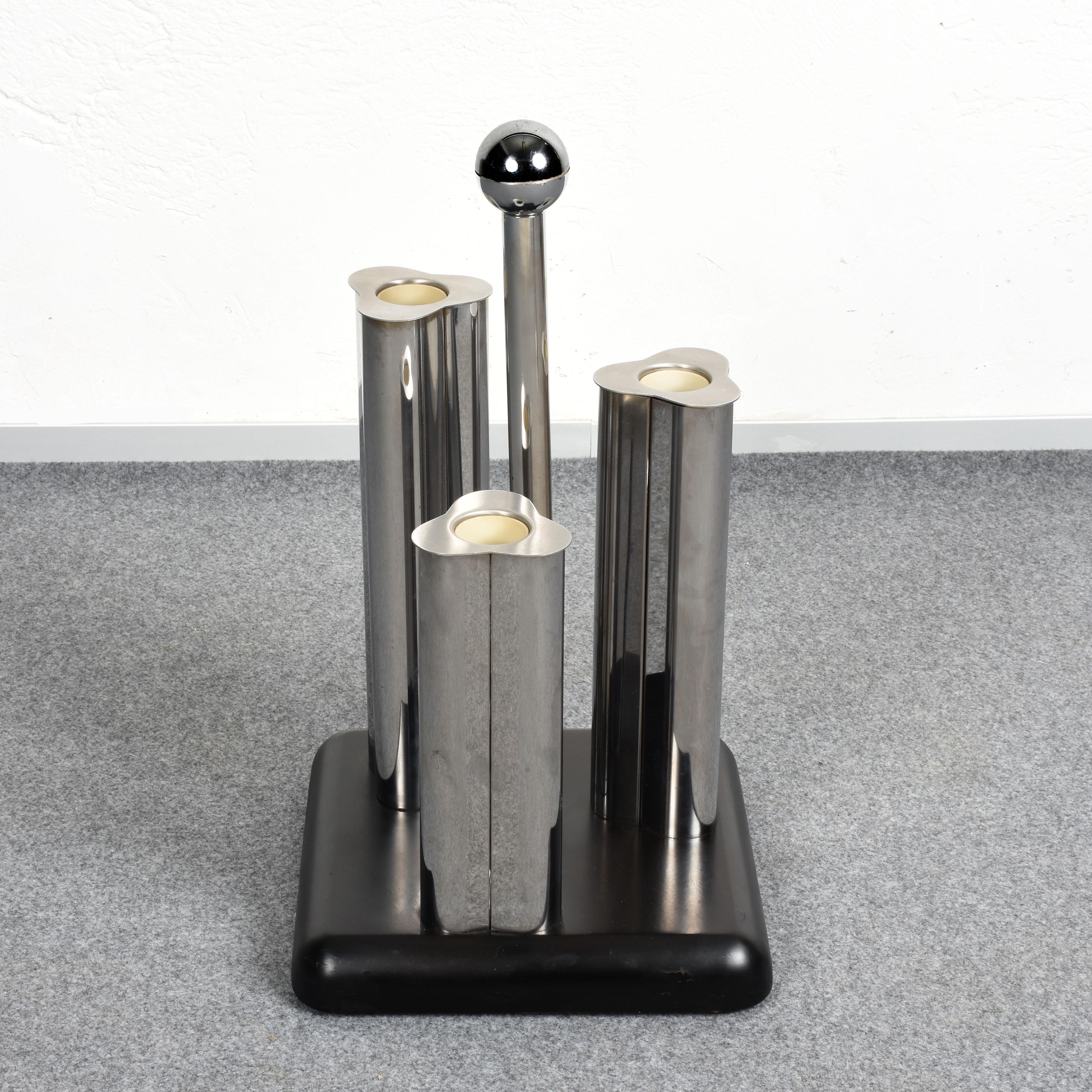 Mid-Century Modern Umbrella Stand Black, Italian, Lacquered Wood and Metal, Italy, 1970s Vintage For Sale
