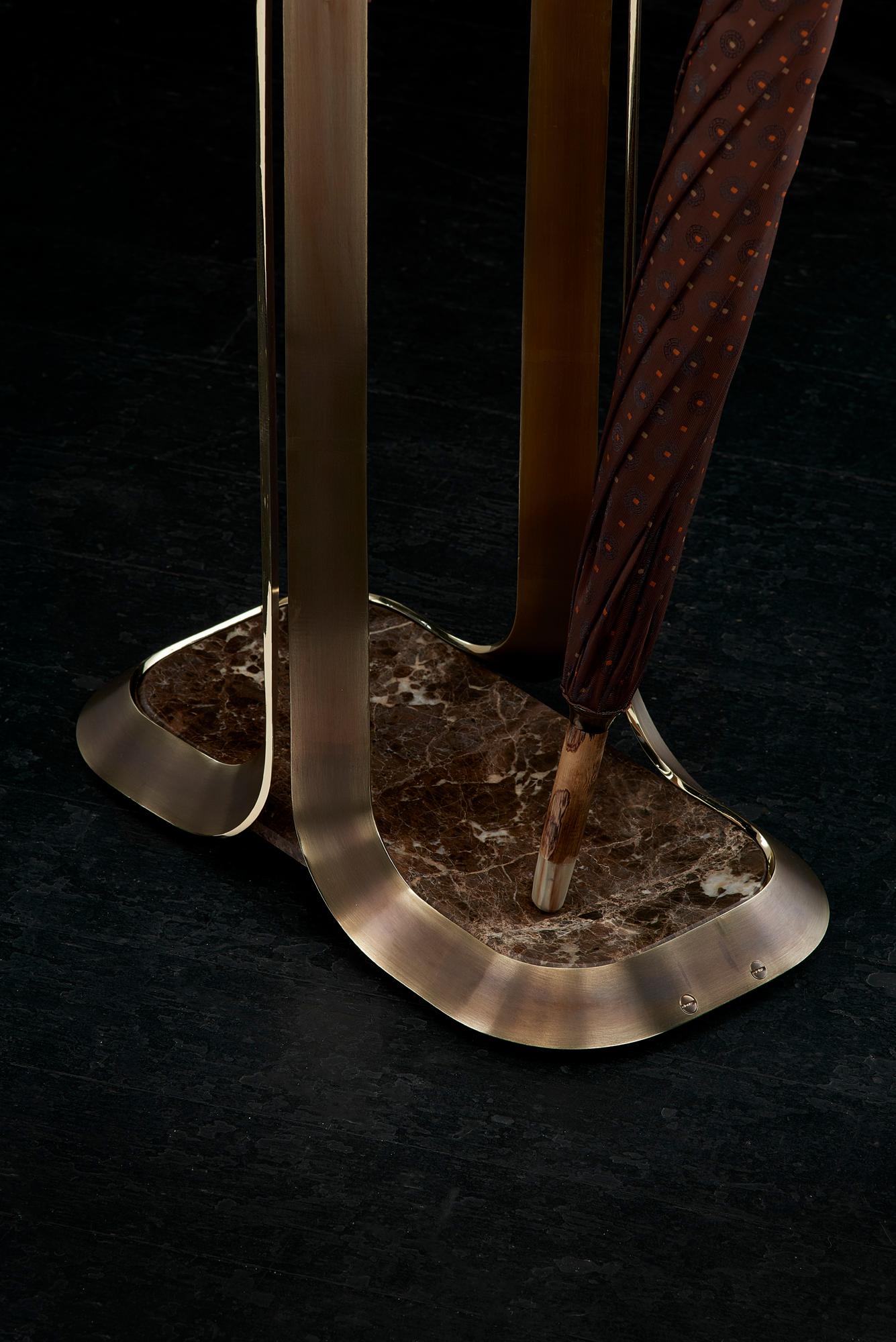 Art Deco Umbrella Stand by Honorific in Solid Brass and Emperador Dark Marble For Sale