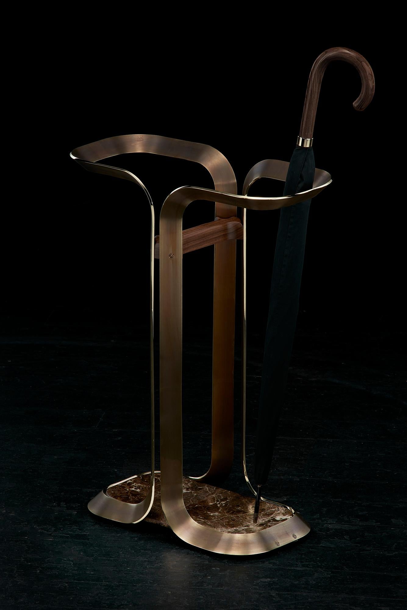 Brushed Umbrella Stand by Honorific in Solid Brass and Emperador Dark Marble For Sale
